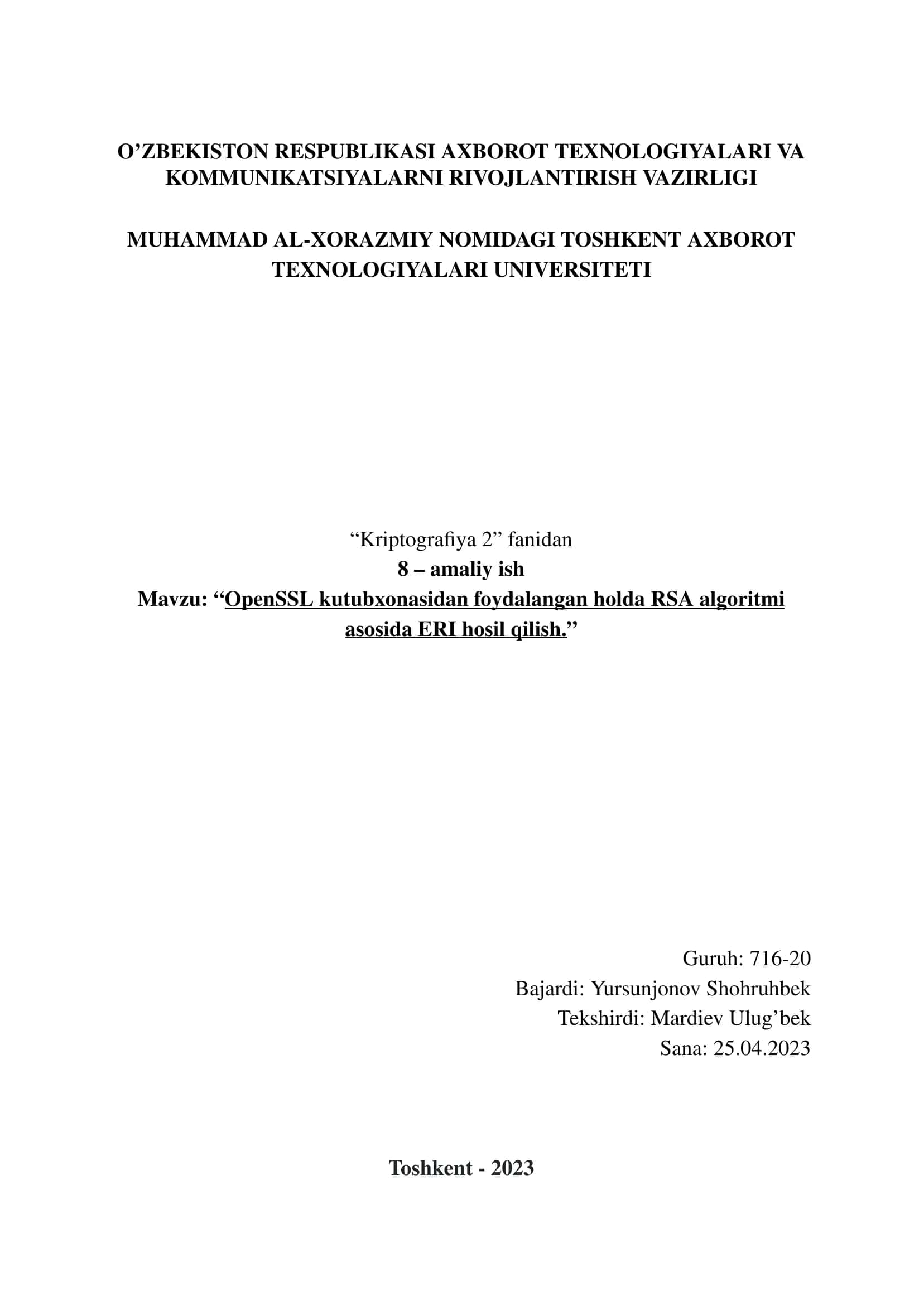 RSA algoritm asosida ERI hosil qilish