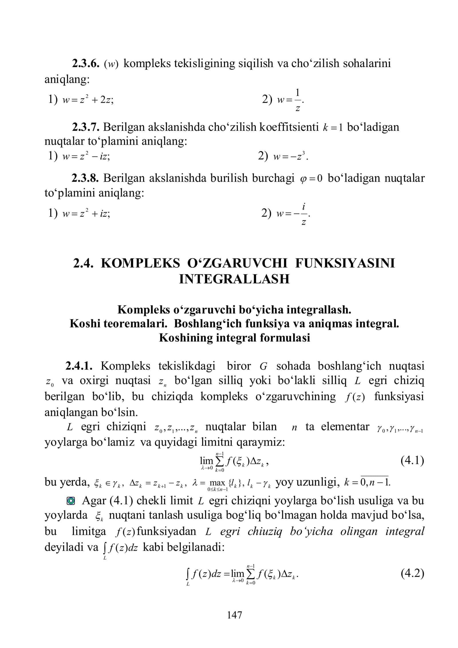 2.4. KOMPLEKS O‘ZGARUVCHI FUNKSIYASINI INTEGRALLASH