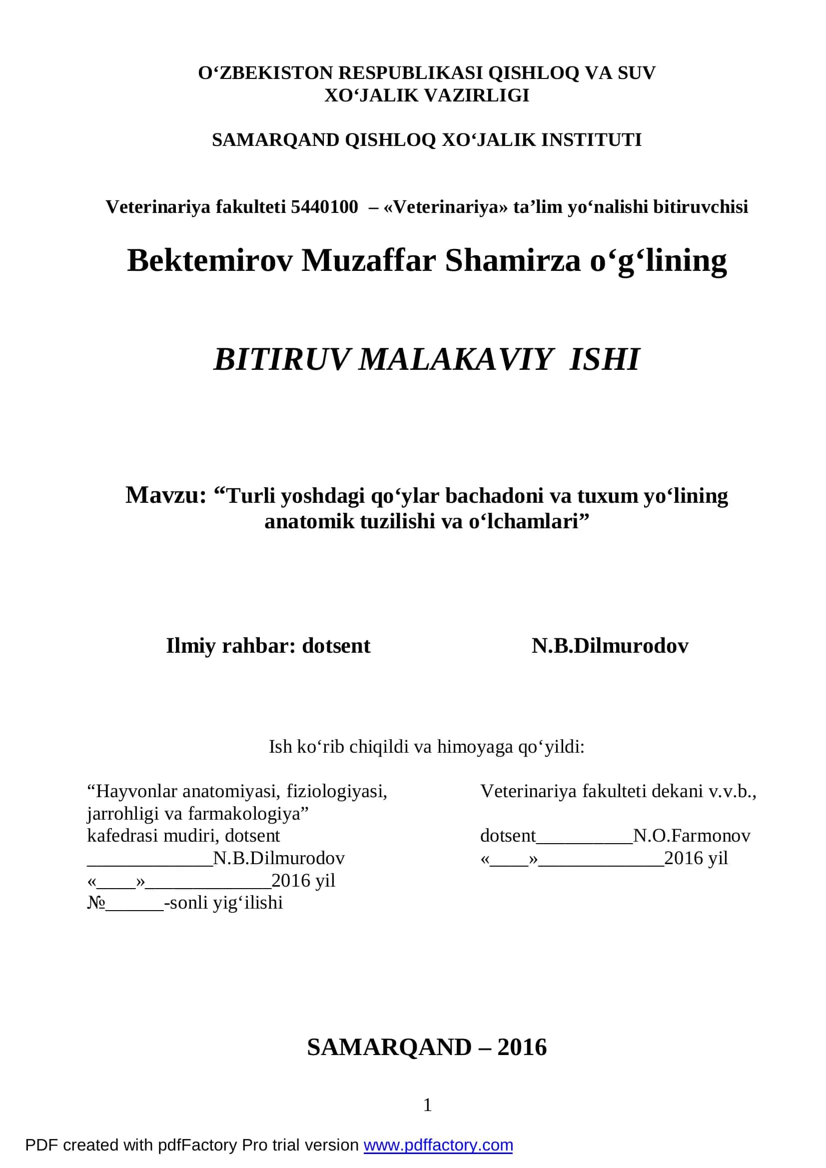 “Turli yoshdagi qo‘ylar bachadoni va tuxum yo‘lining anatomik tuzilishi va o‘lchamlari”