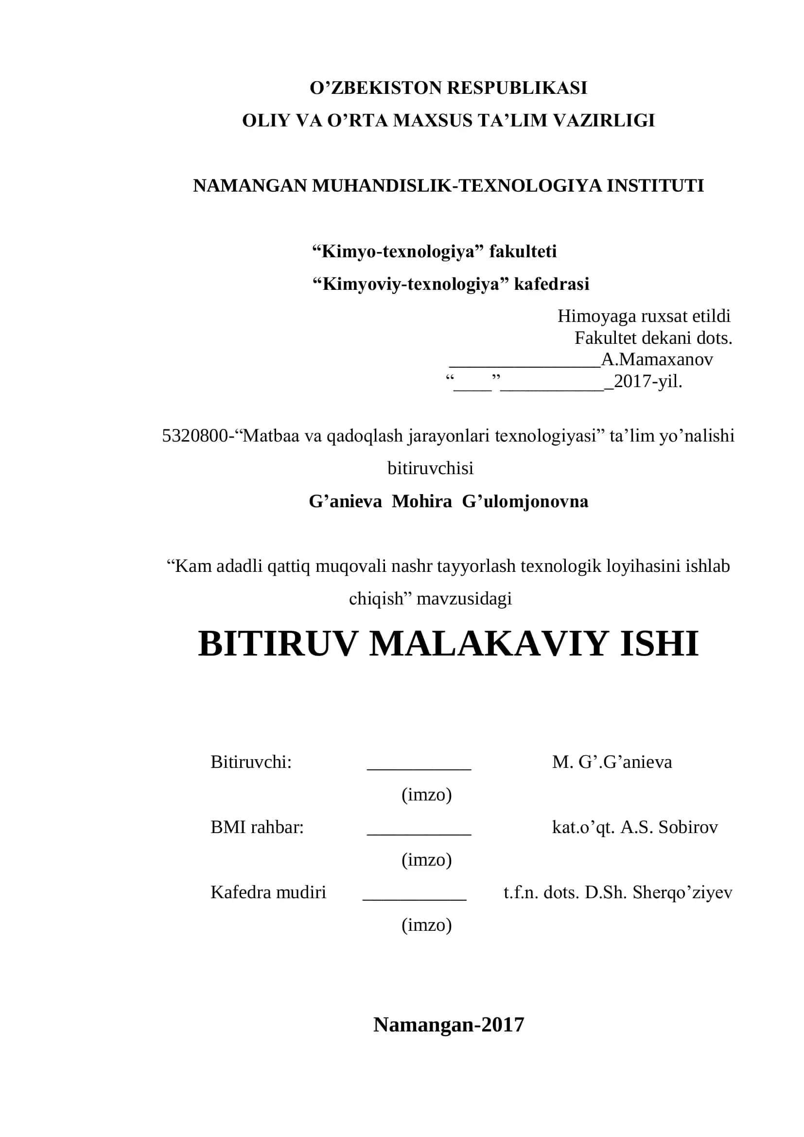 Kam adadli qattiq muqovali nashr tayyorlash texnologik loyihasini ishlab chiqish