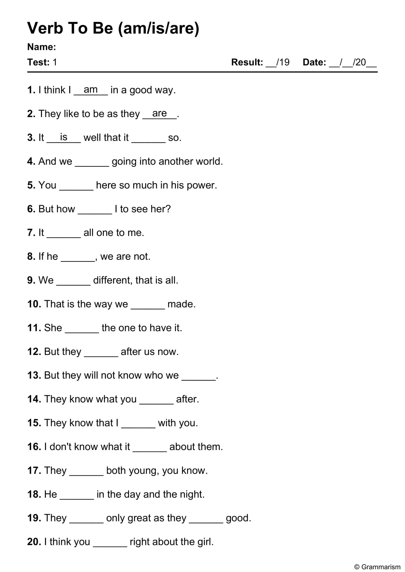To Be (am/is/are) worksheet
