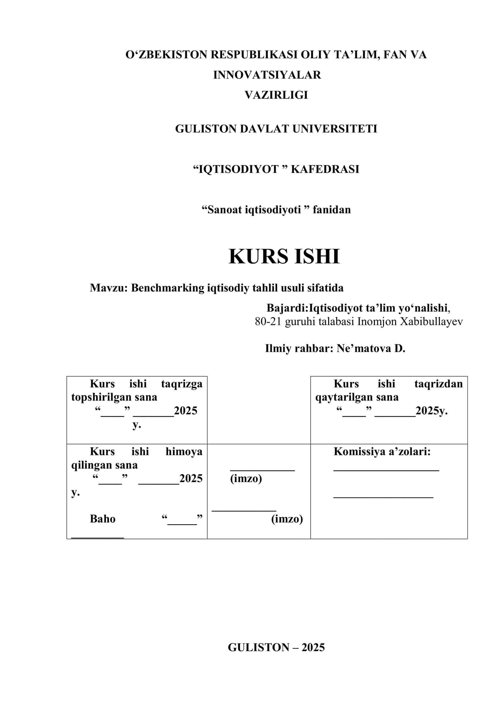 Benchmarking iqtisodiy tahlil usuli sifatida