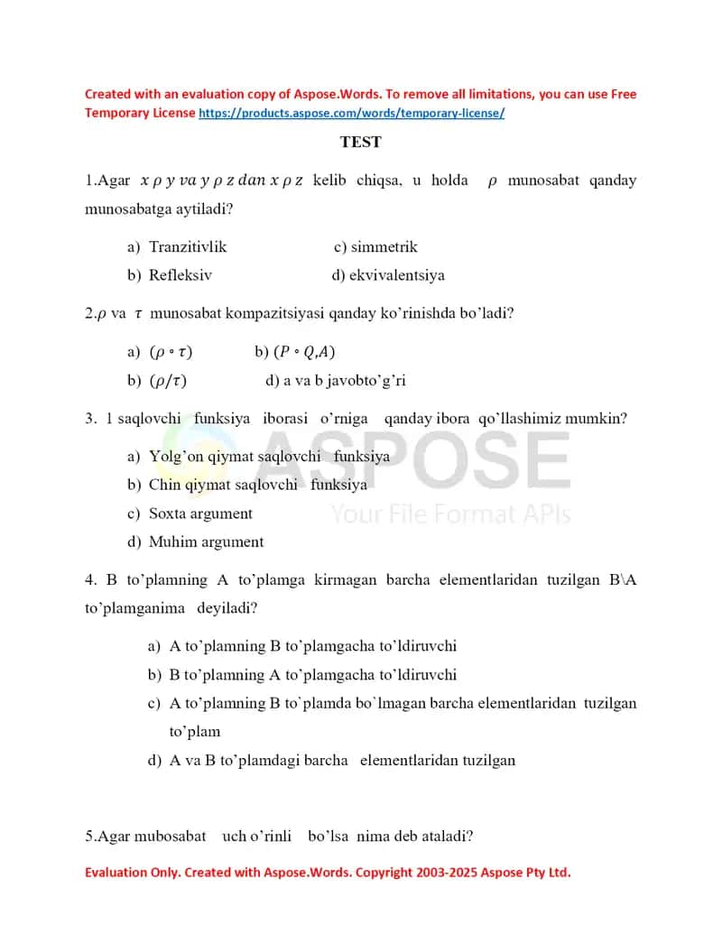 Diskret matematikadan testlar