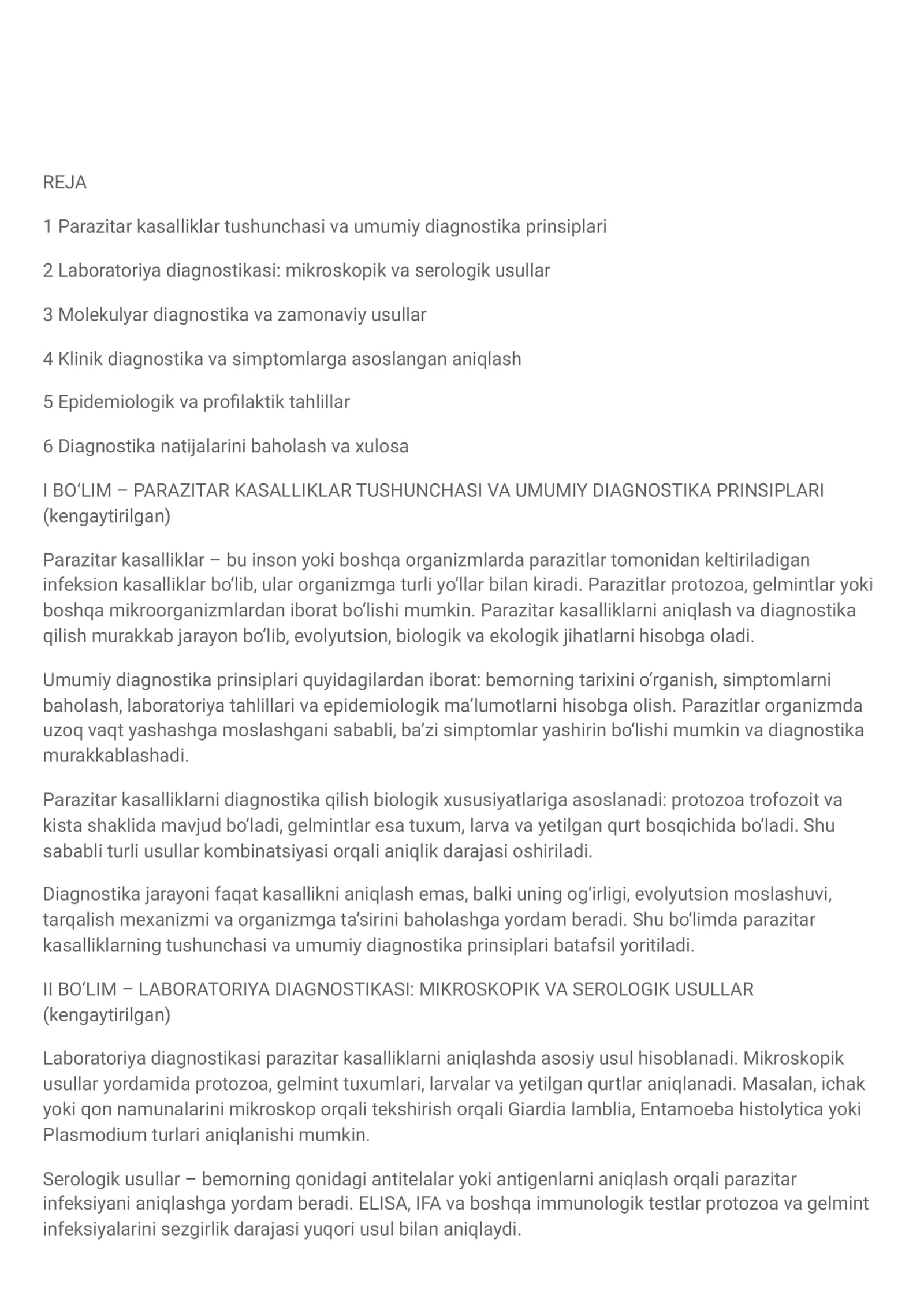 Parazitar kasalliklar tushunchasi va umumiy diagnostika prinsiplari