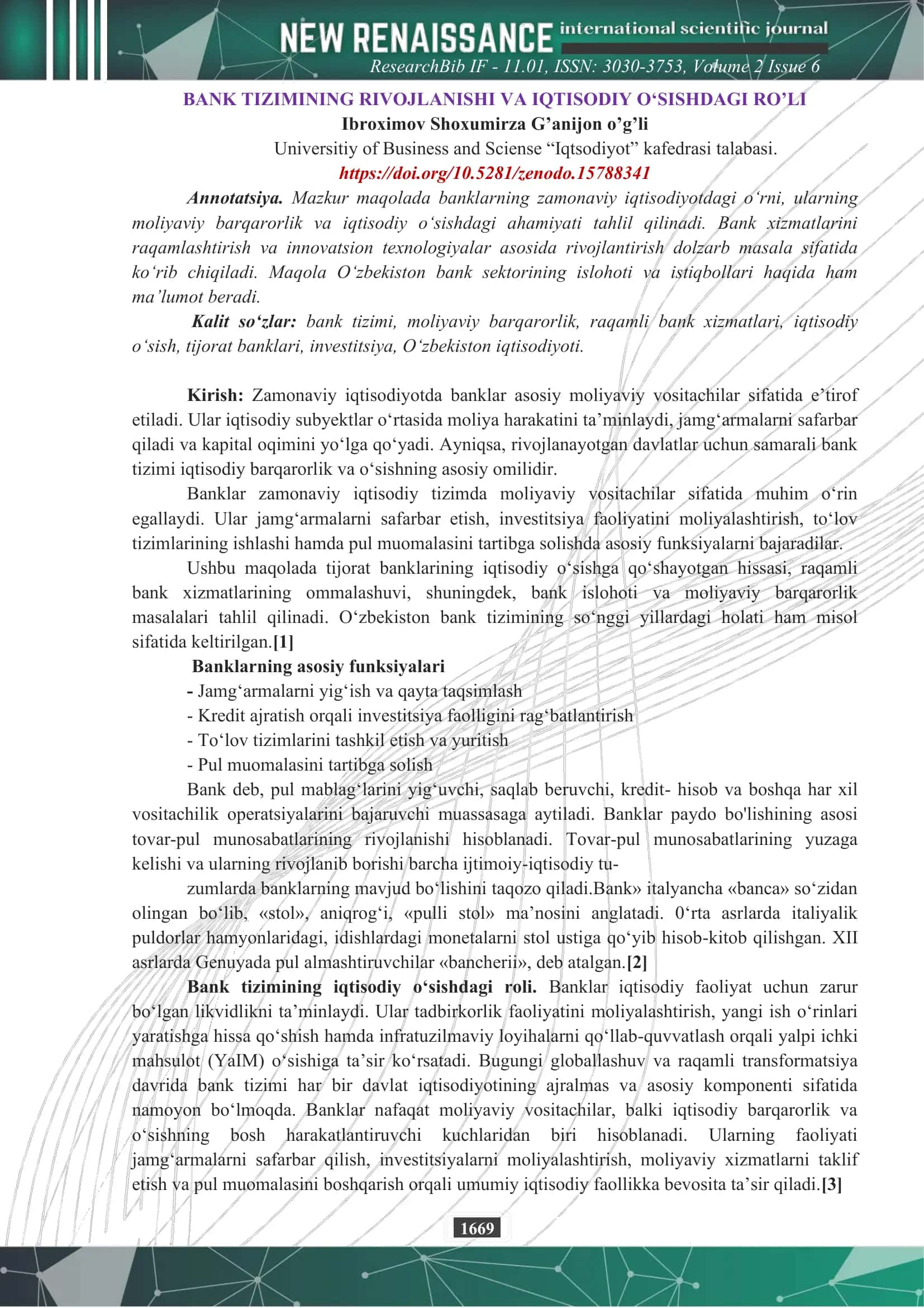 BANK TIZIMINING RIVOJLANISHI VA IQTISODIY O‘SISHDAGI RO’LI