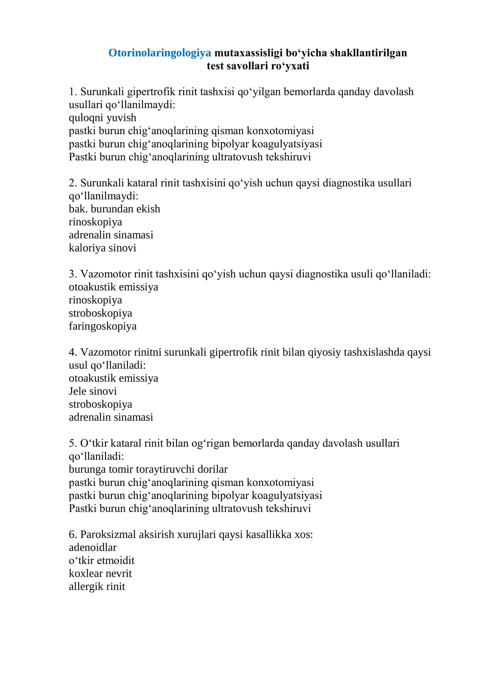 Otorinolaringologiya mutaxassisligi boʻyicha shakllantirilgan test savollari roʻyxati 2026