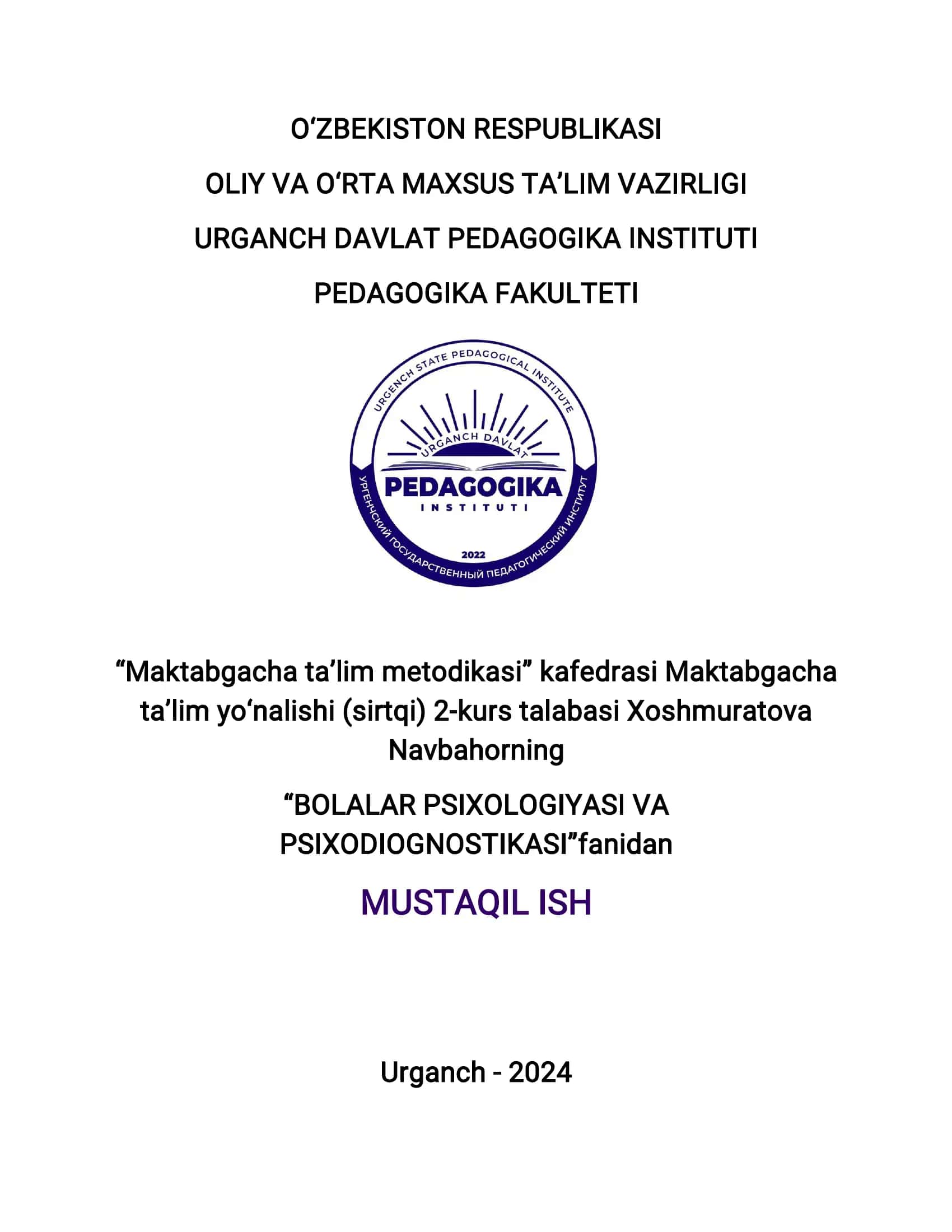 BOLALAR PSIXOLOGIYASI VA PSIXODIOGNOSTIKASI