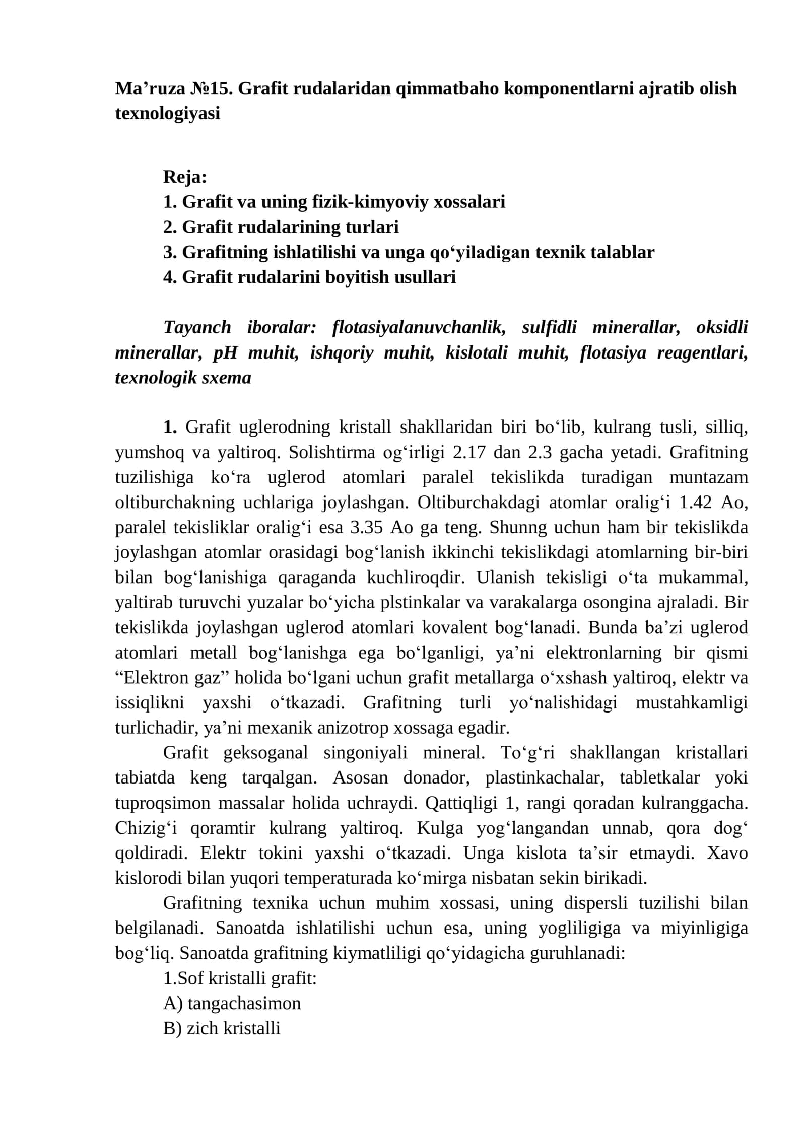 Grafit rudalaridan qimmatbaho komponentlarni ajratib olish texnologiyasi