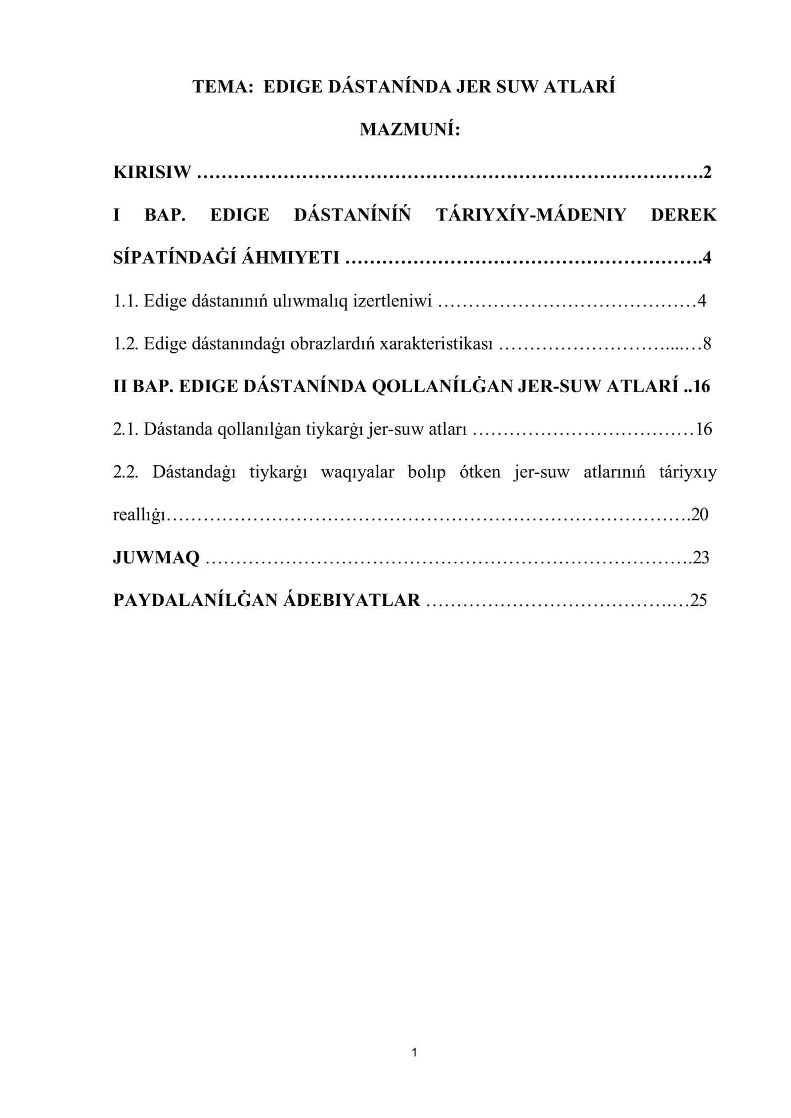 EDIGE dástanındaǵı jer-suw atları kurs jumısı