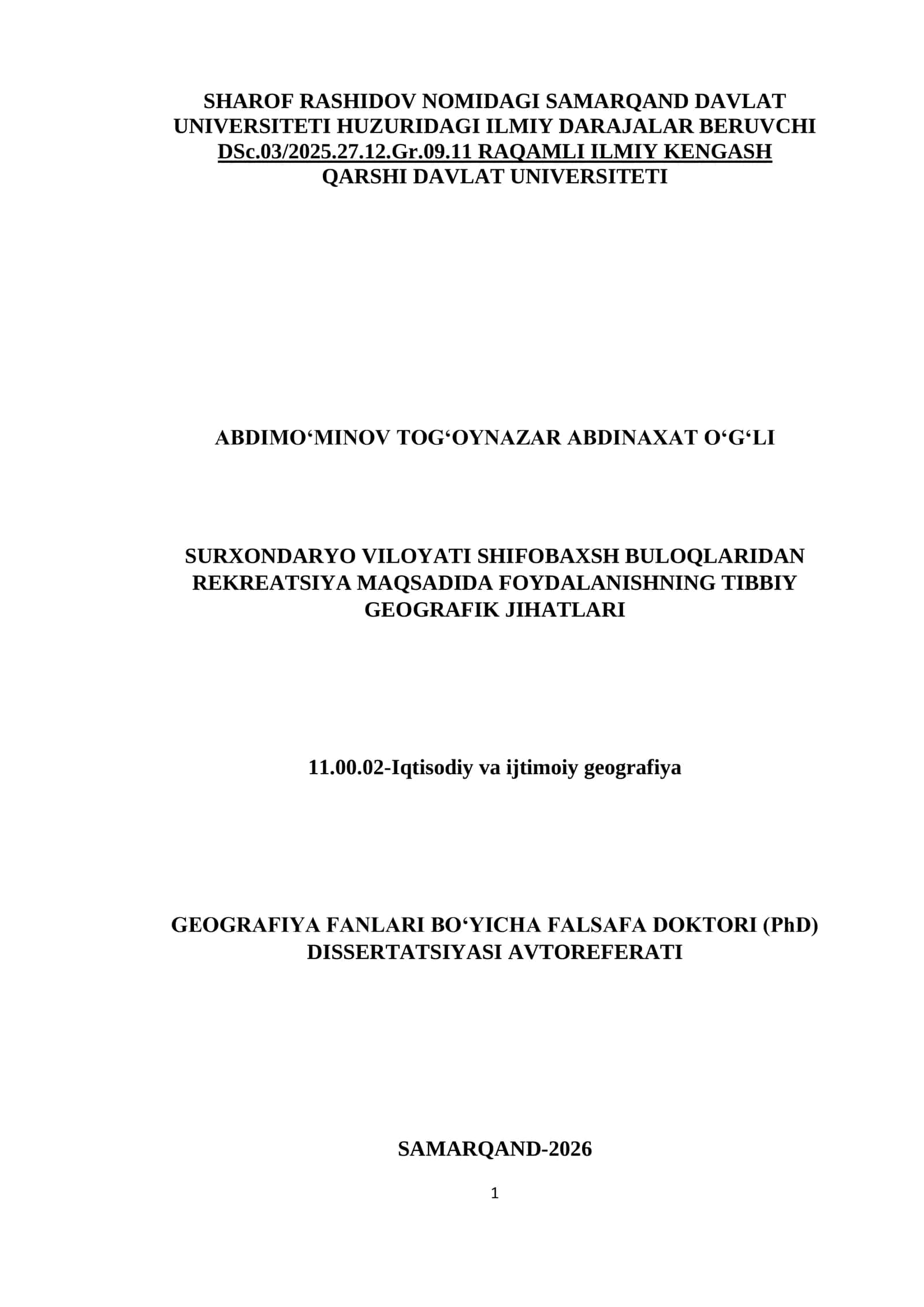 SURXONDARYO VILOYATI SHIFOBAXSH BULOQLARIDAN REKREATSIYA MAQSADIDA FOYDALANISHNING TIBBIY GEOGRAFIK JIHATLARI