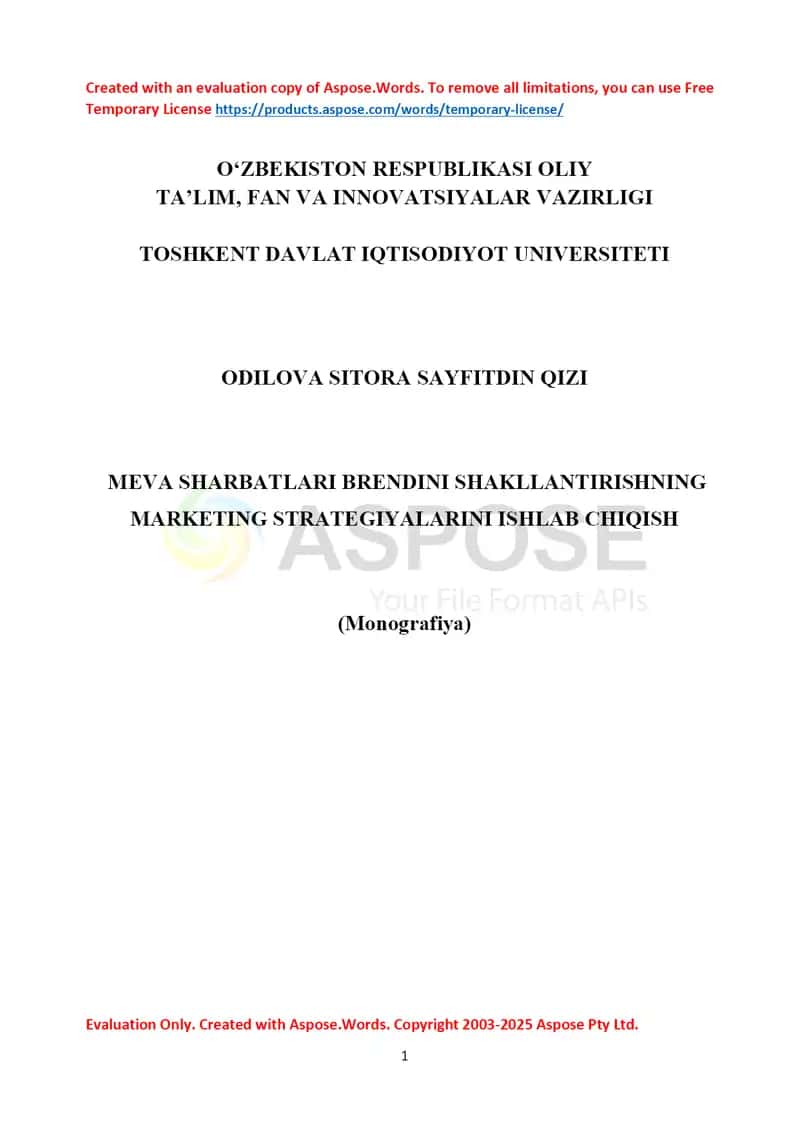 Monografiya “Meva sharbatlari brendini shakllantirishning marketing strategiyalarini ishlab chiqish”