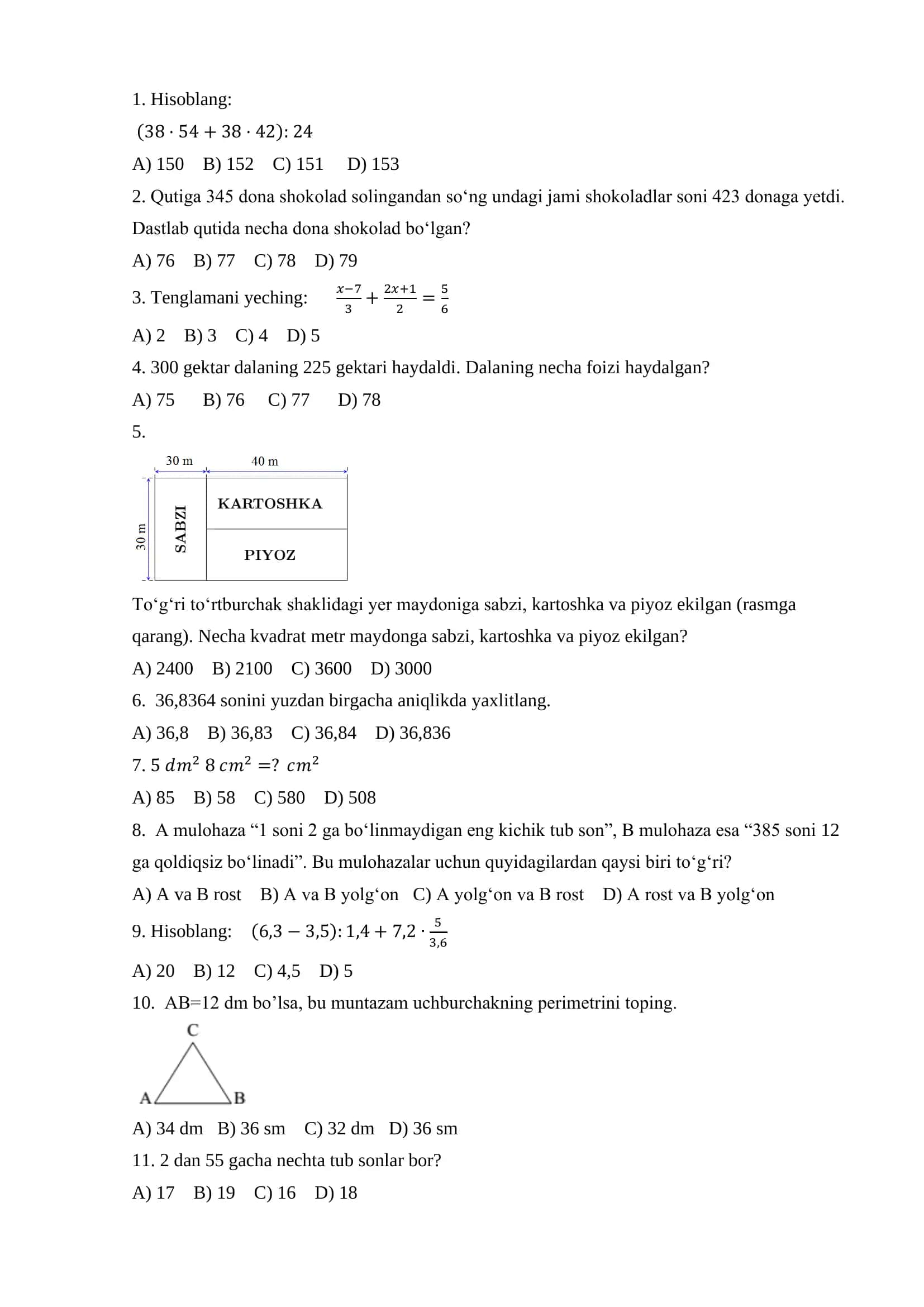Majburiy matematikadan test