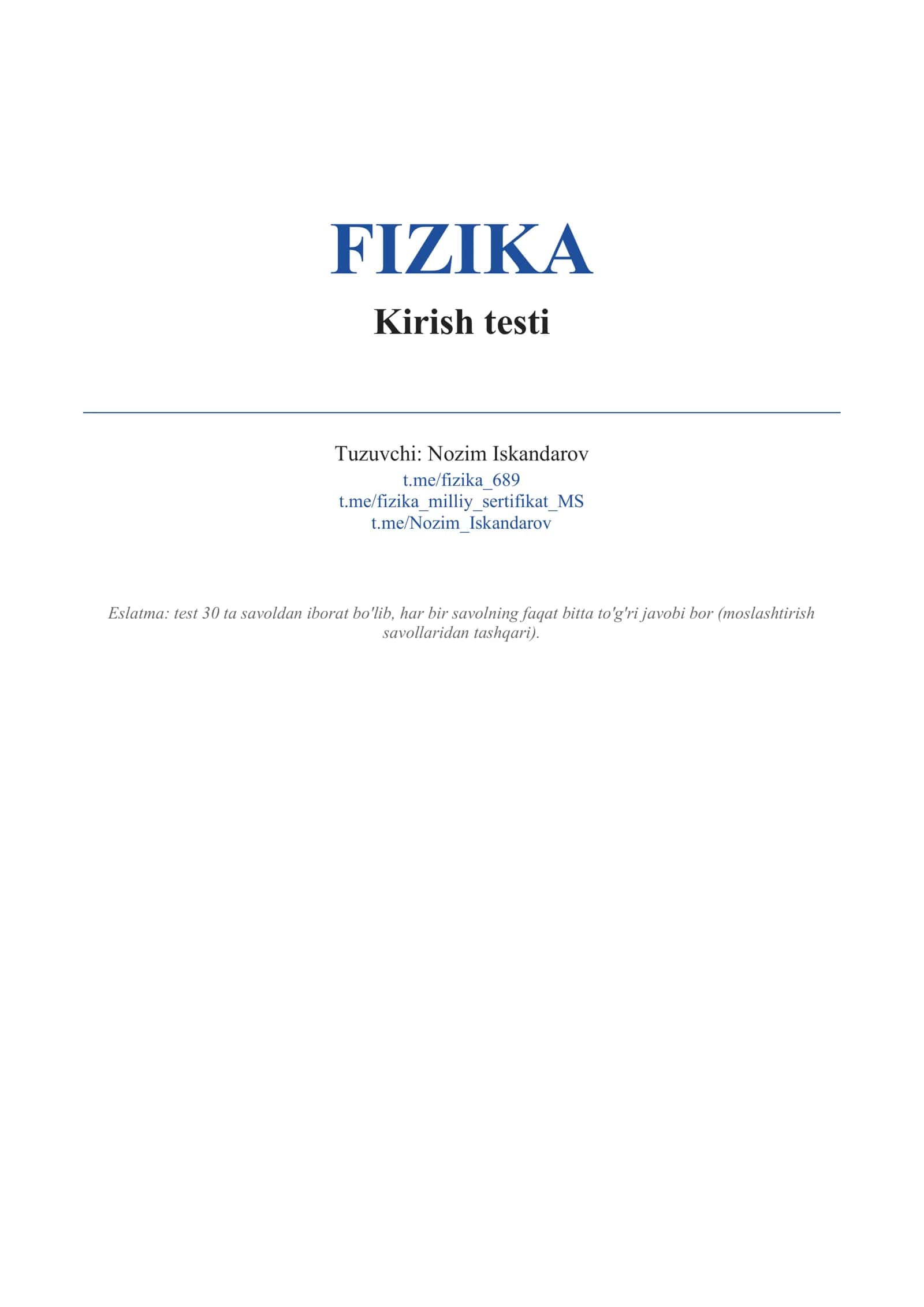 Maktabga ishga kirish uchun test. FIZIKA - Kirish testi