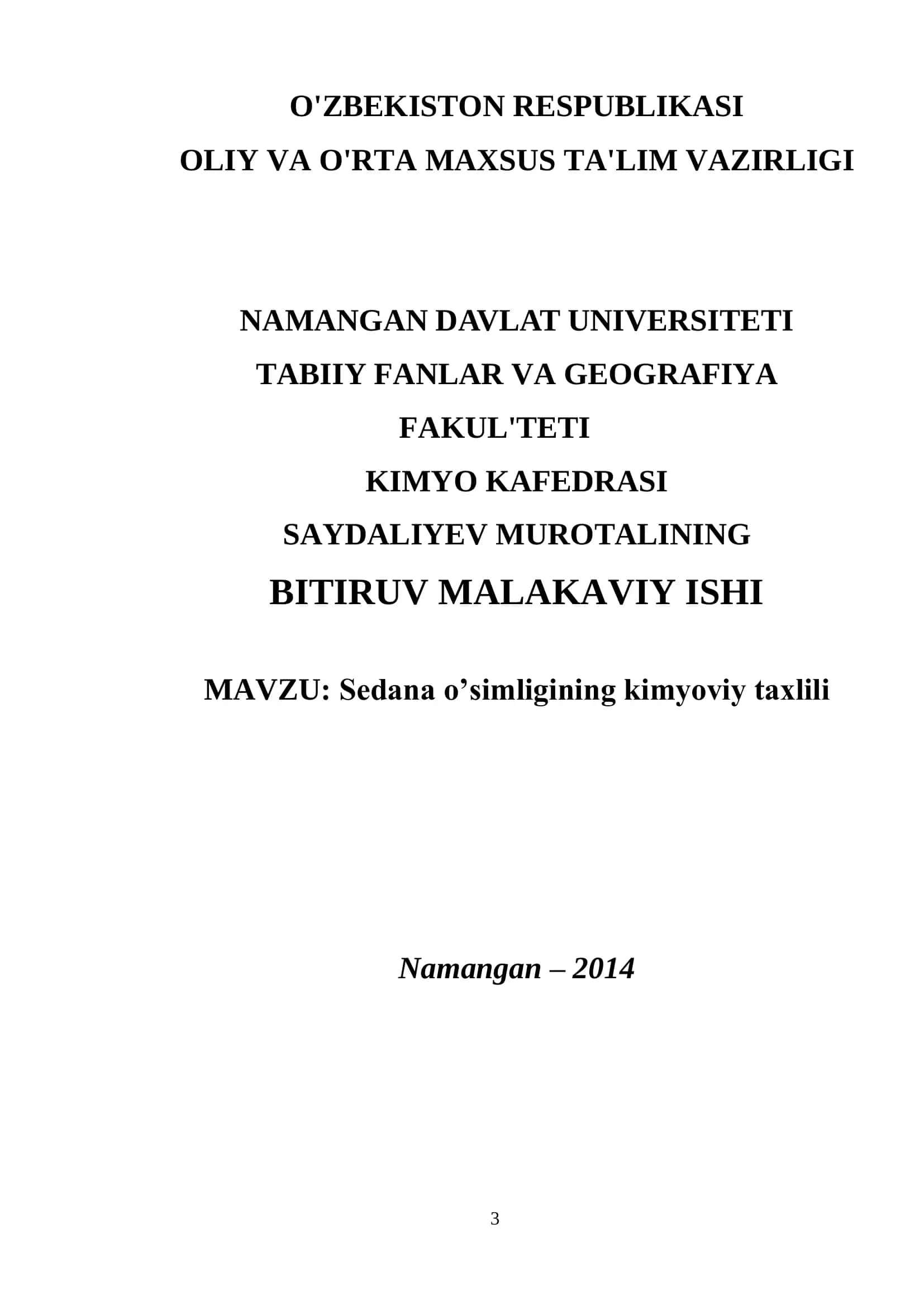 SEDANA O'SIMLIGINING KIMYOVY TAXLILI