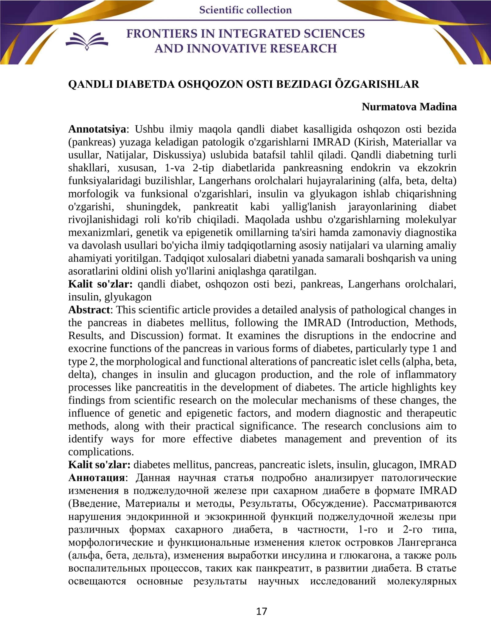 QANDLI DIABETDA OSHQOZON OSTI BEZIDAGI ÕZGARISHLAR