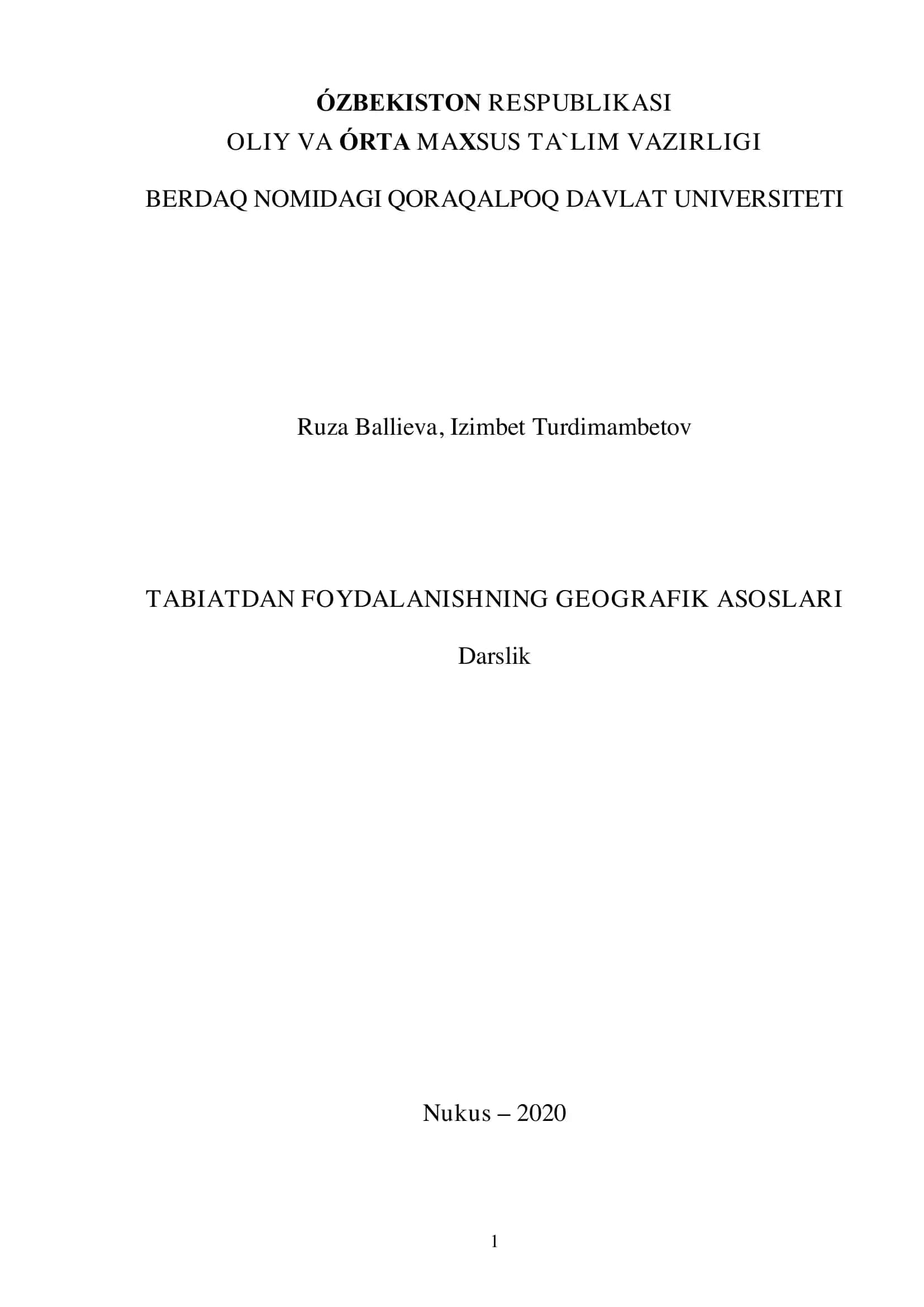 TABIATDAN FOYDALANISHNING GEOGRAFIK ASOSLARI