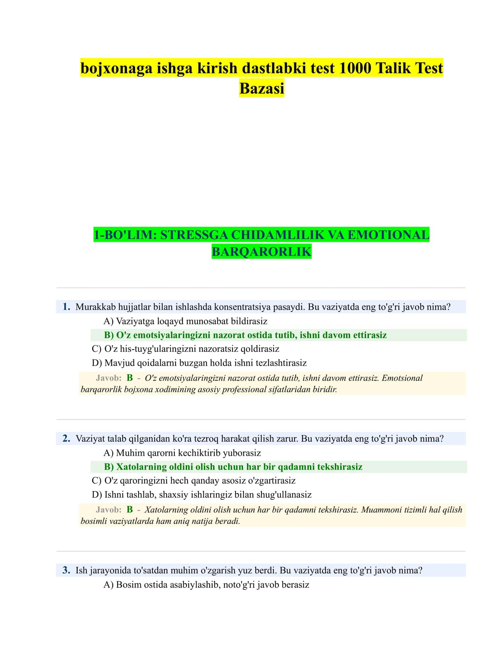 bojxonaga ishga kirish dastlabki test 1000 Talik Test Bazasi