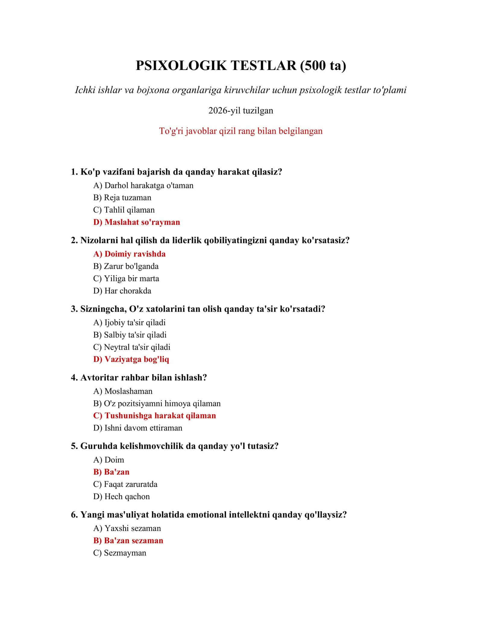 PSIXOLOGIK TESTLAR (500 ta)