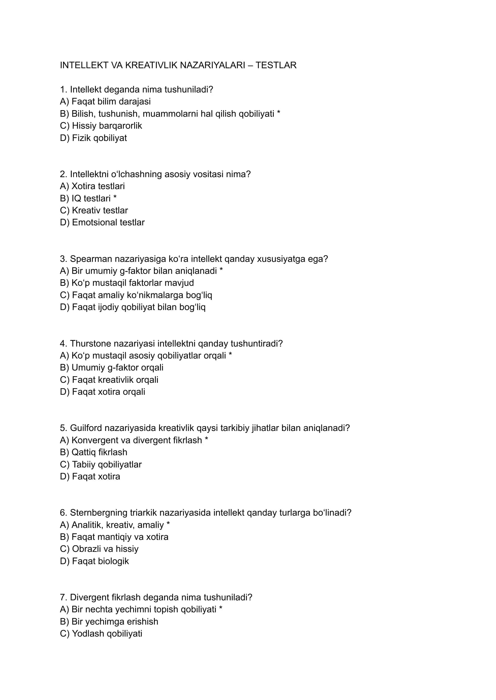 INTELLEKT VA KREATIVLIK NAZARIYALARI – TESTLAR
