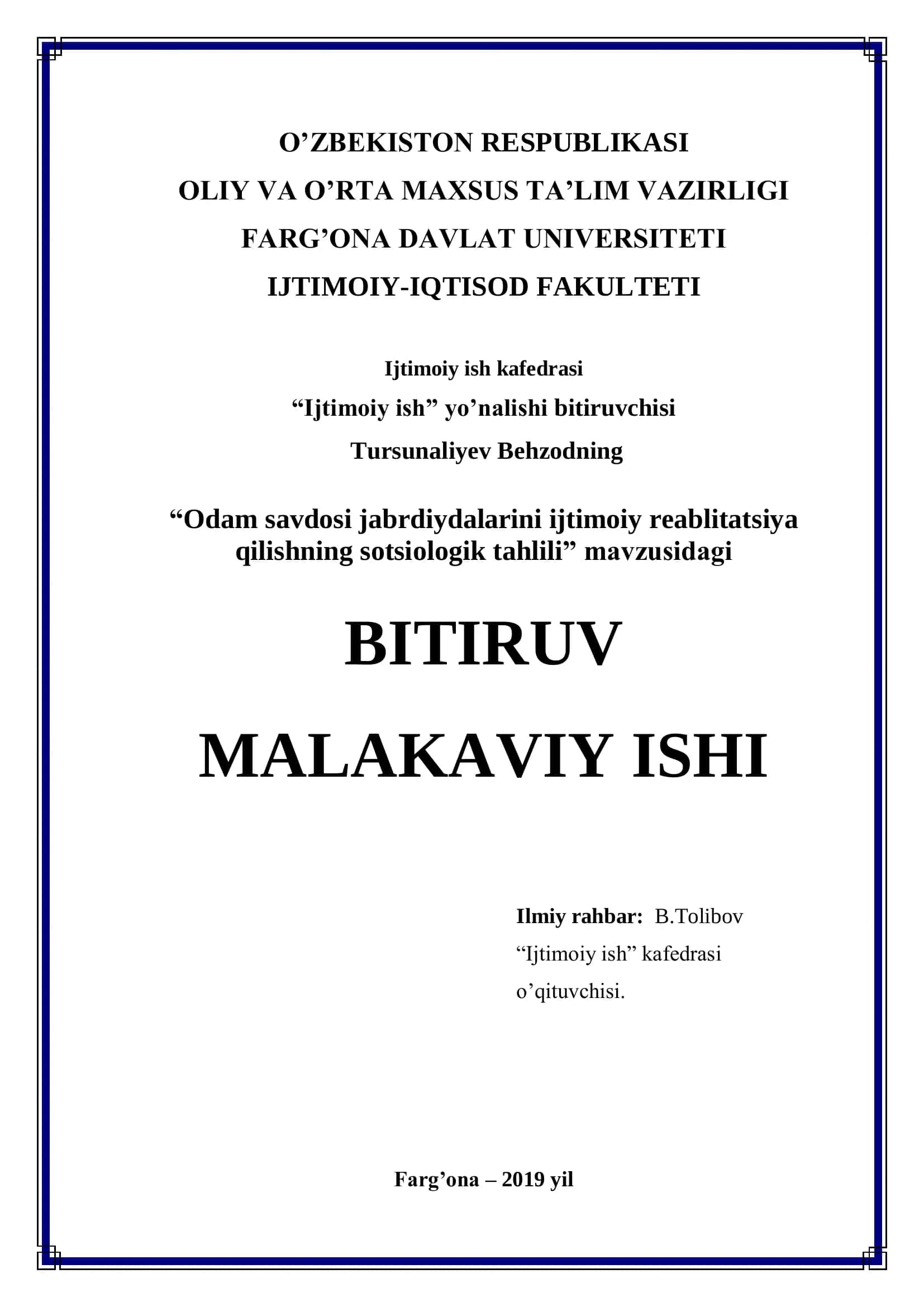 Ijtimoiy ish kafedrasi "Odam savdosi jabrdiydalarini ijtimoiy reablitatsiya qilishning sotsiologik tahlili"