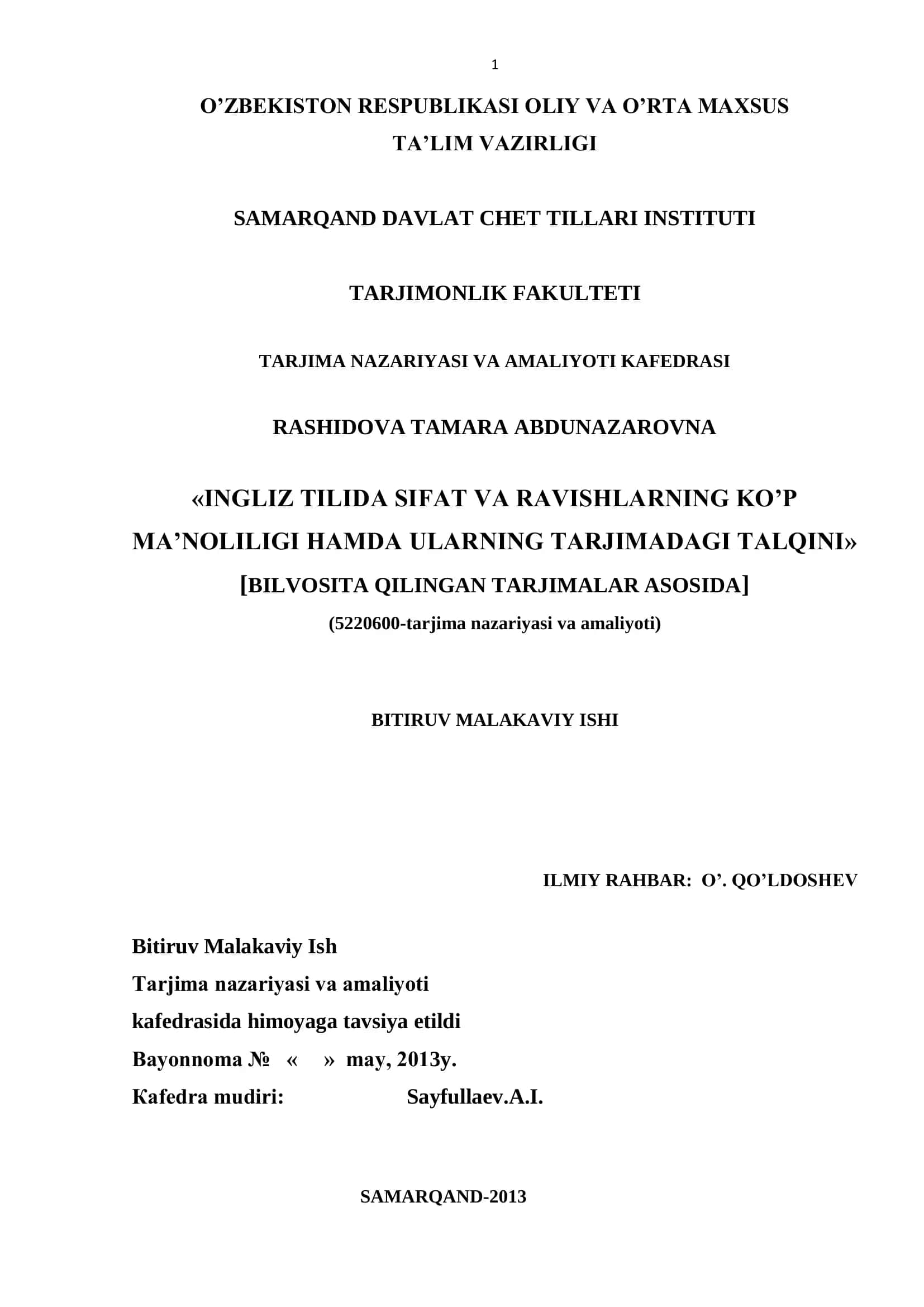 INGLIZ TILIDA SIFAT VA RAVISHLARNING KO’P MA’NOLILIGI HAMDA ULARNING TARJIMADAGI TALQINI