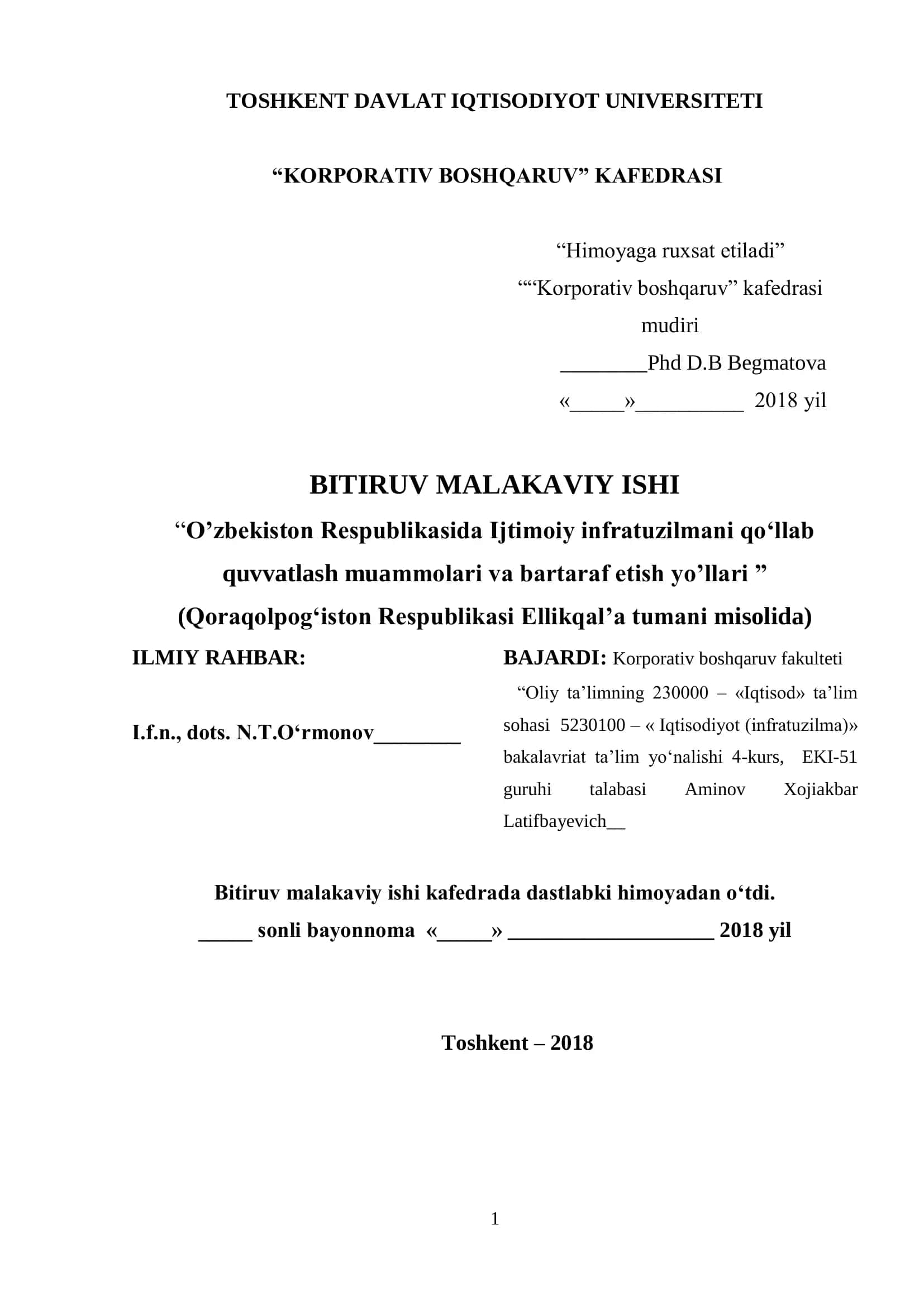 O‟zbekiston Respublikasida Ijtimoiy infratuzilmani qo„llab quvvatlash muammolari va bartaraf etish yo‟llari