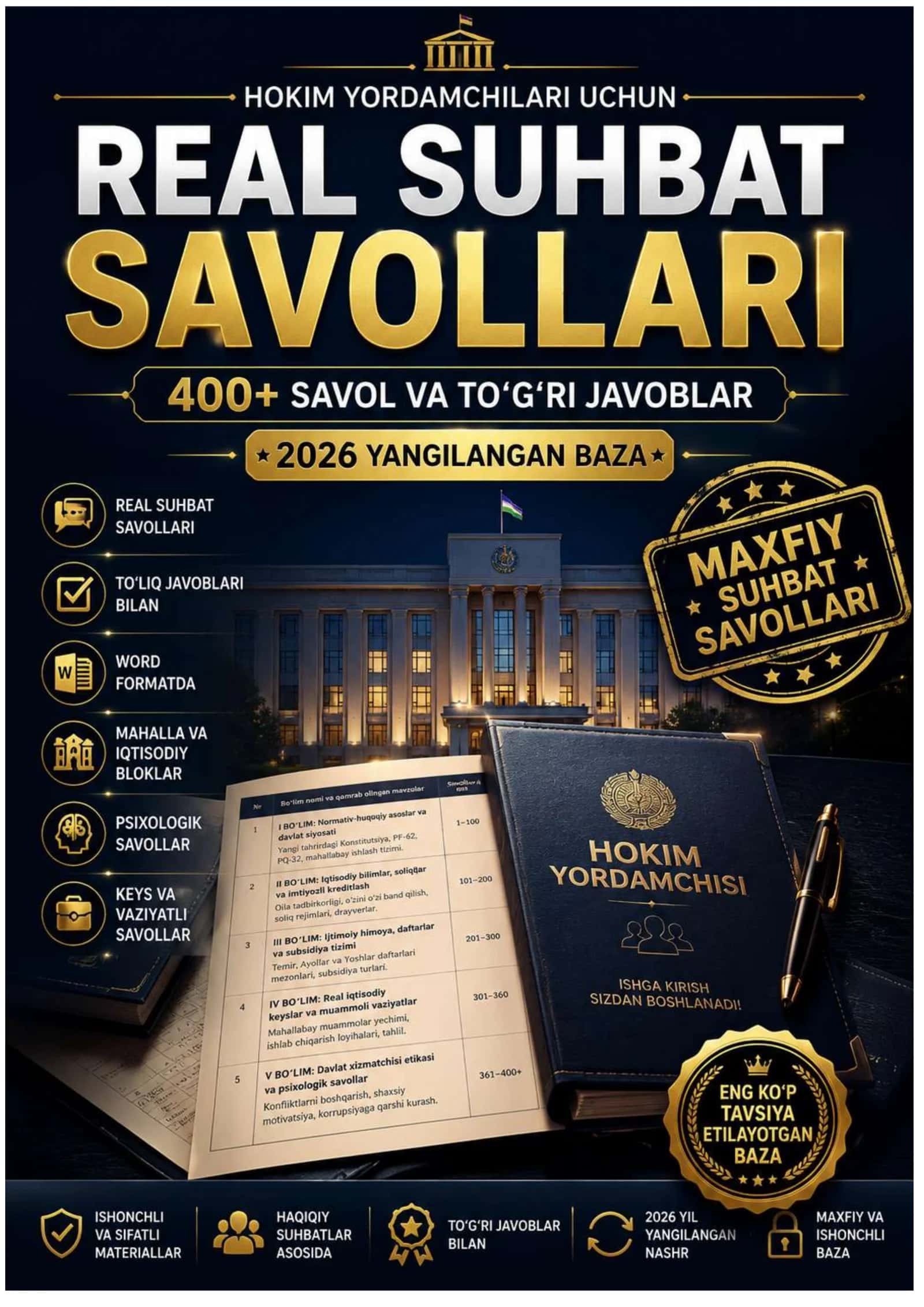 HOKIM YORDAMCHISI SUHBAT SAVOLLARI VA JAVOBLARI 400+ 2026 YIL YANGI