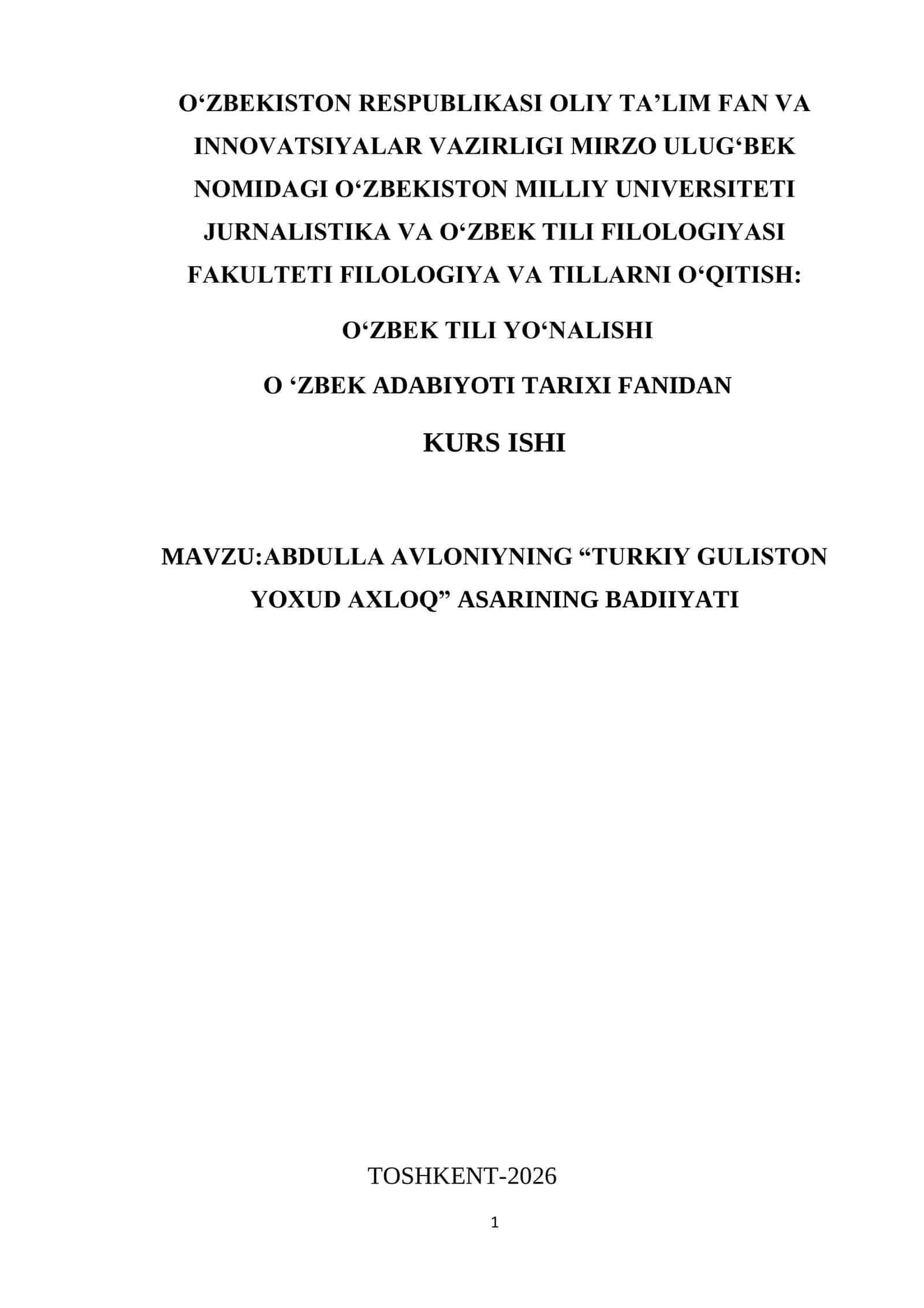 ABDULLA AVLONIYNING “TURKIY GULISTON YOXUD AXLOQ” ASARINING BADIIYATI