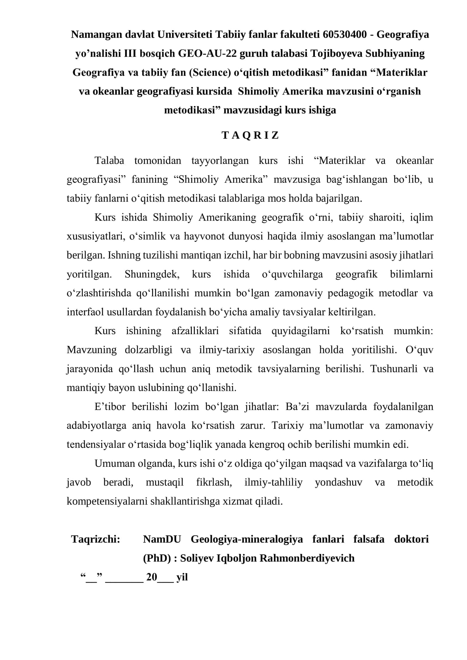 Shimoliy Amerika Geografiyasi Kurs ishi