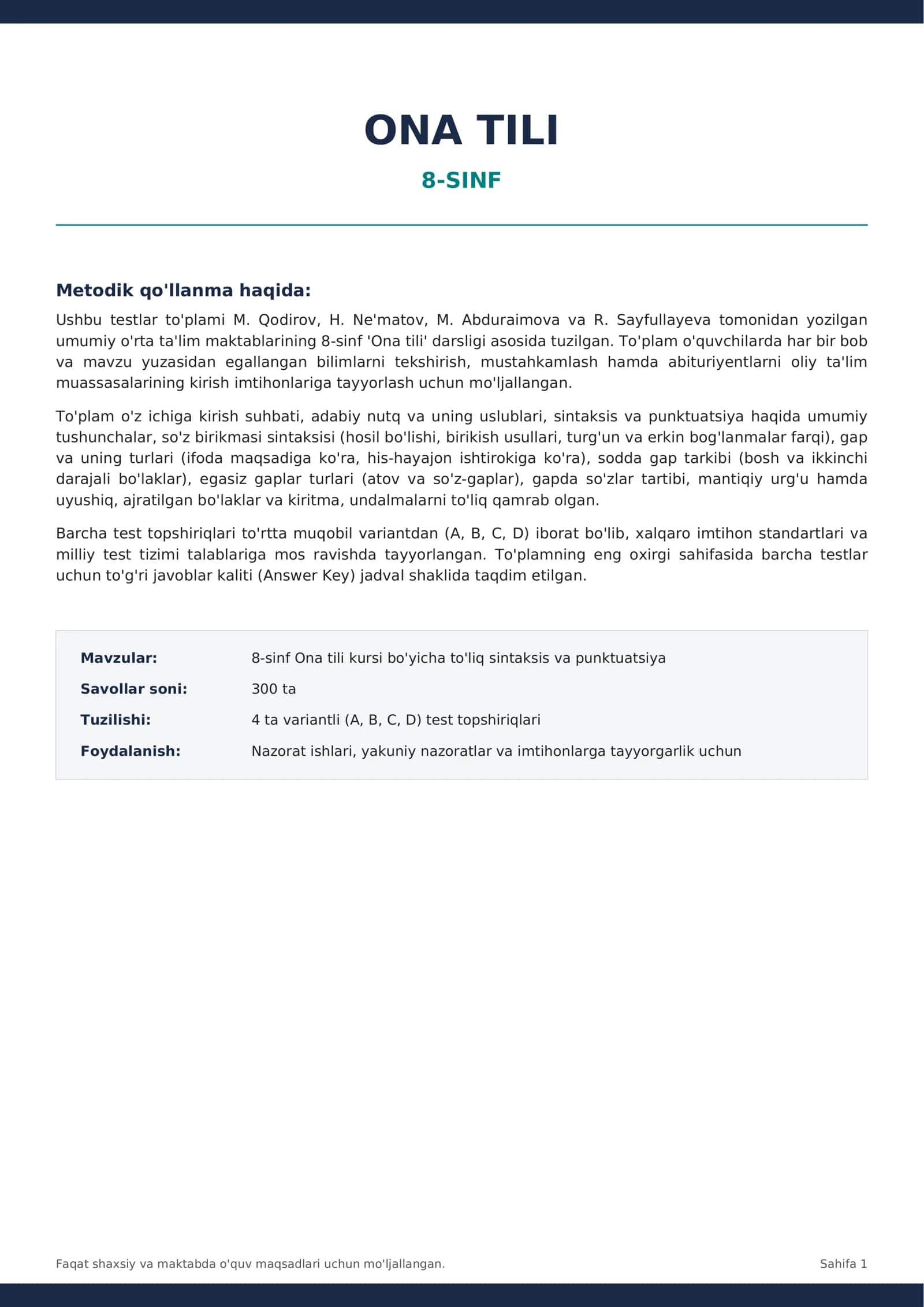 8-SINF ONA TILI | 300 TA MAVZULASHTIRILGAN TEST + JAVOBLAR KALITI | PDF