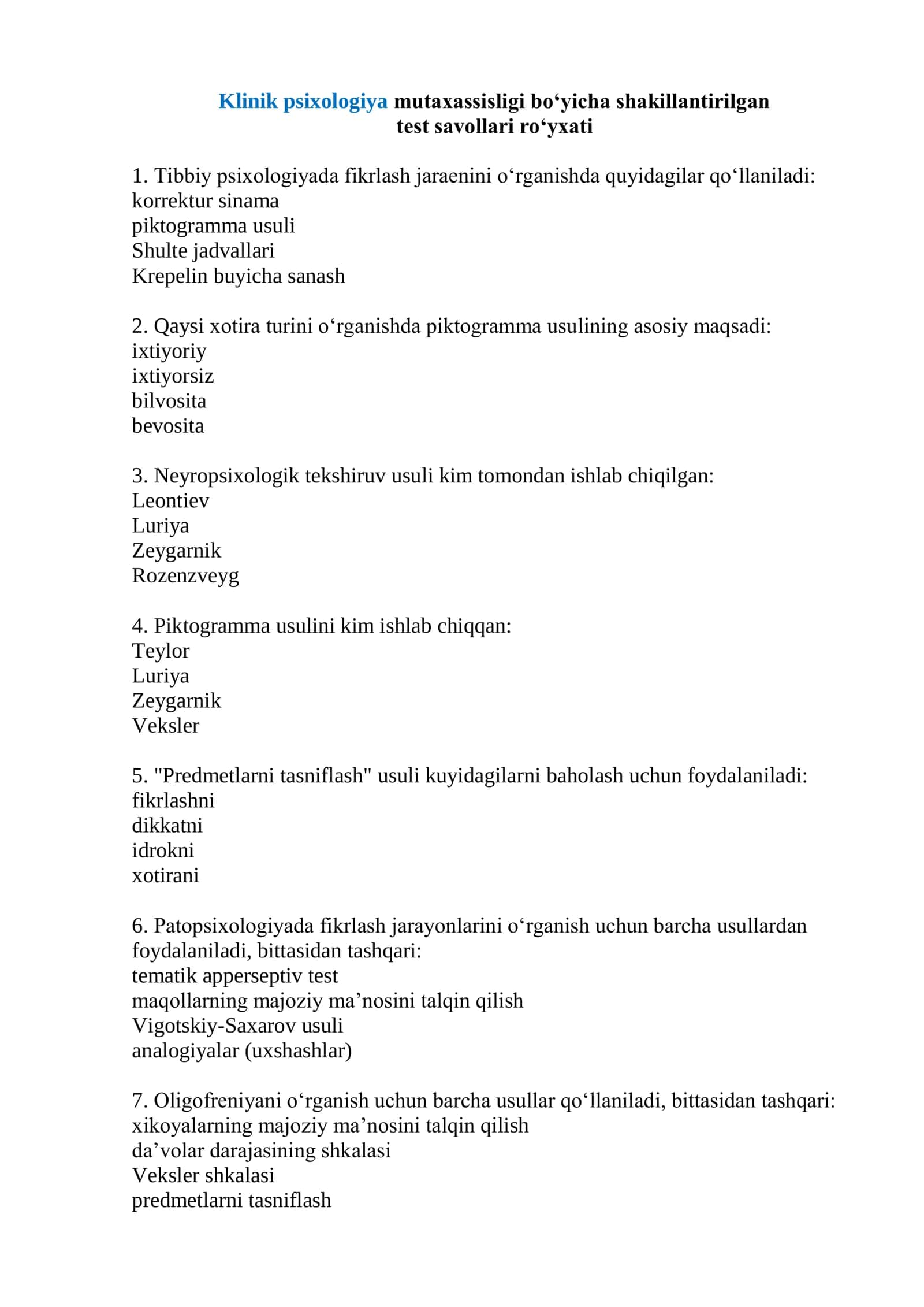 Klinik psixologiya mutaxassisligi boʻyicha shakillantirilgan test savollari roʻyxati 2026