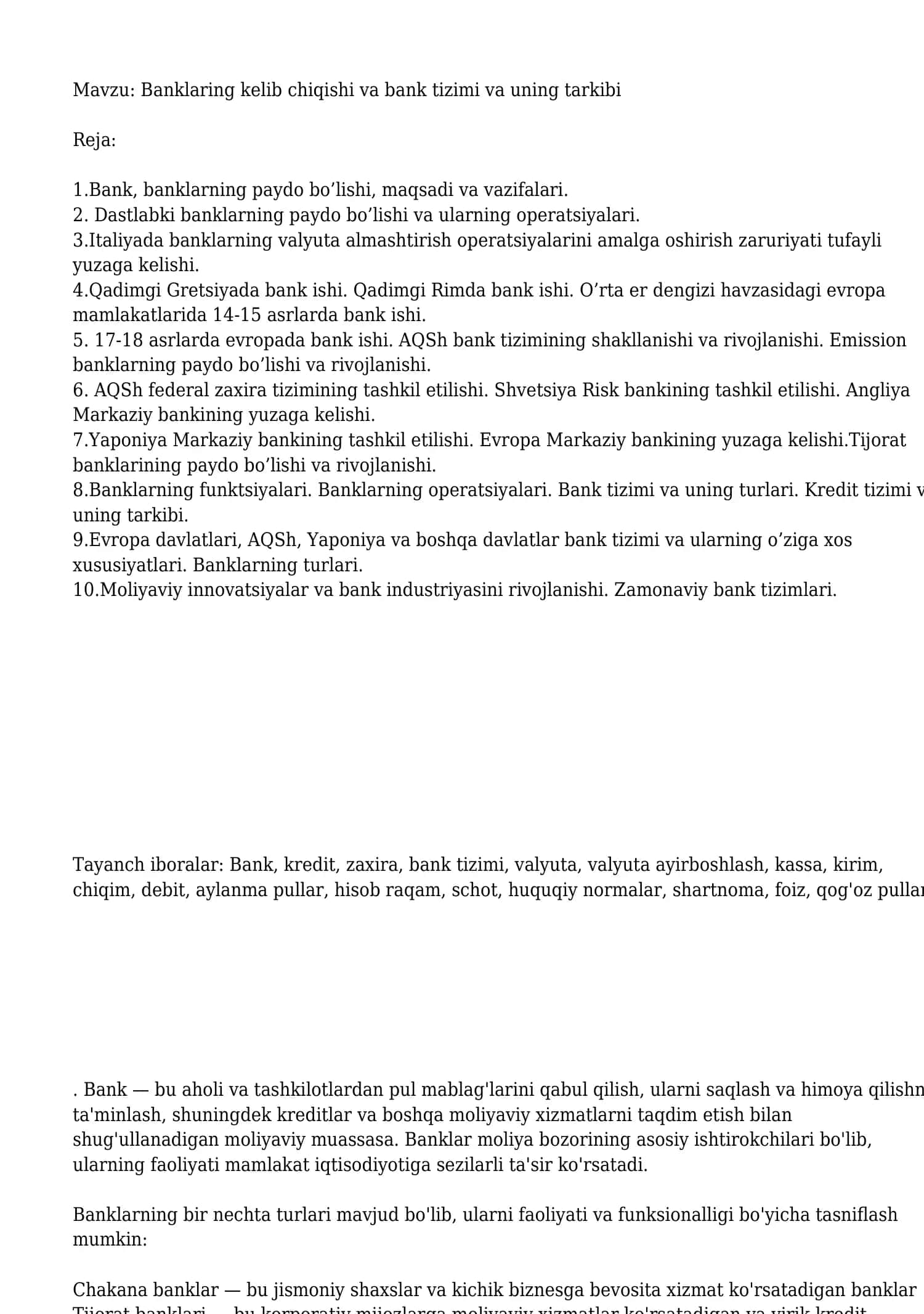 Banklarning kelib chiqishi va bank tizimi va uning tarkibi