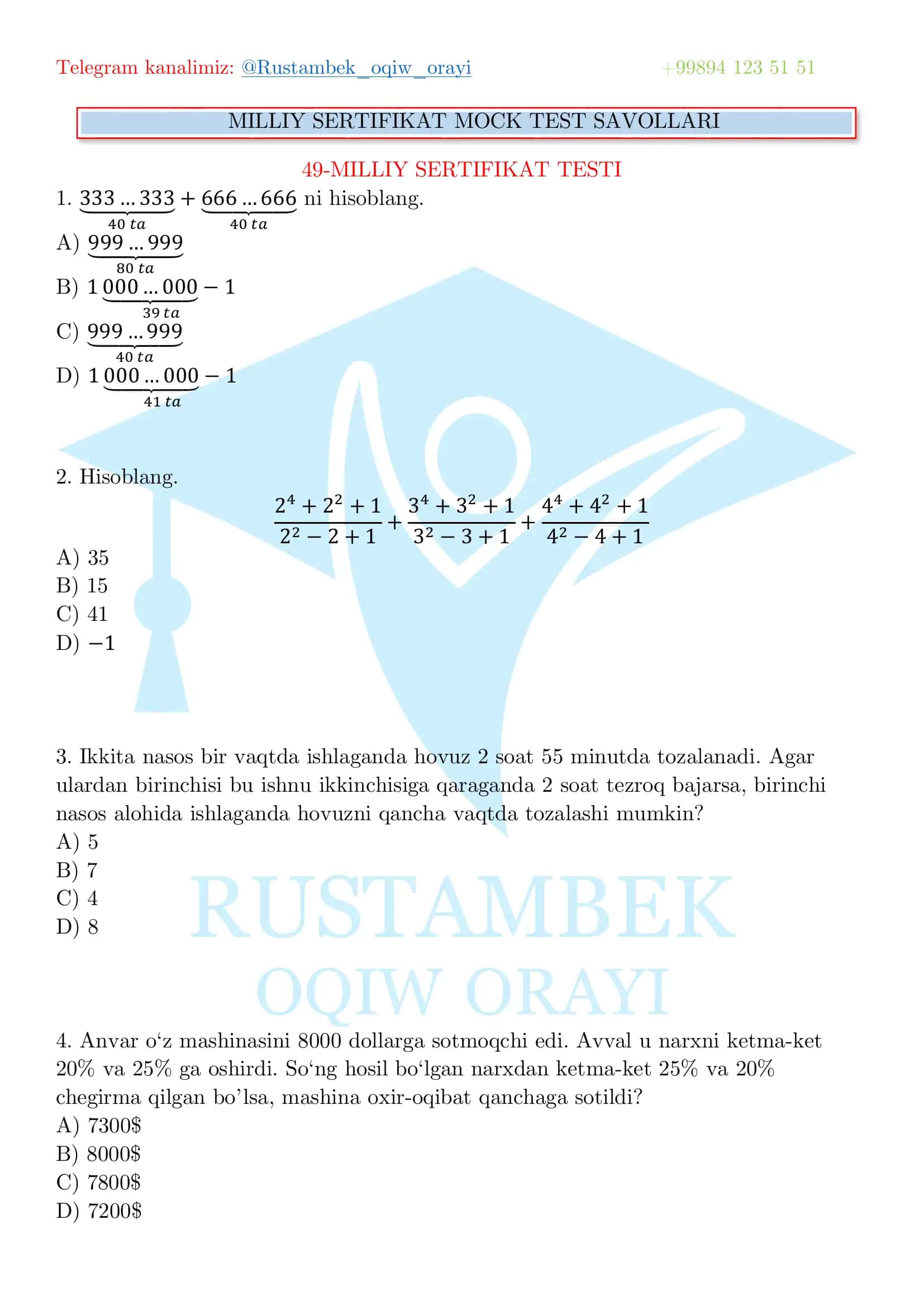 MILLIY SERTIFIKAT MOCK TEST SAVOLLARI