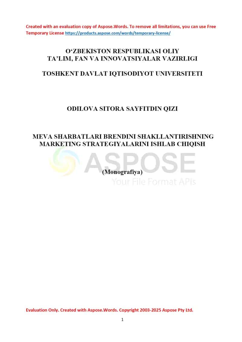 Meva sharbatlari brendini shakllantirishning marketing strategiyalarini ishlab chiqish (Monografiya)