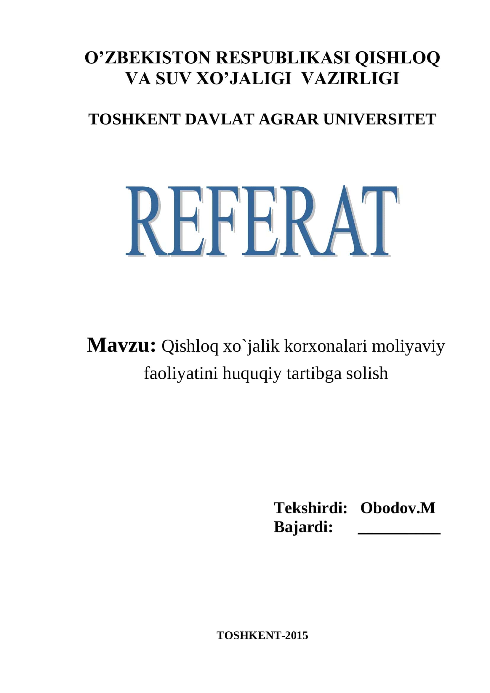 Qishloq xo`jalik korxonalari moliyaviy faoliyatini huquqiy tartibga solish