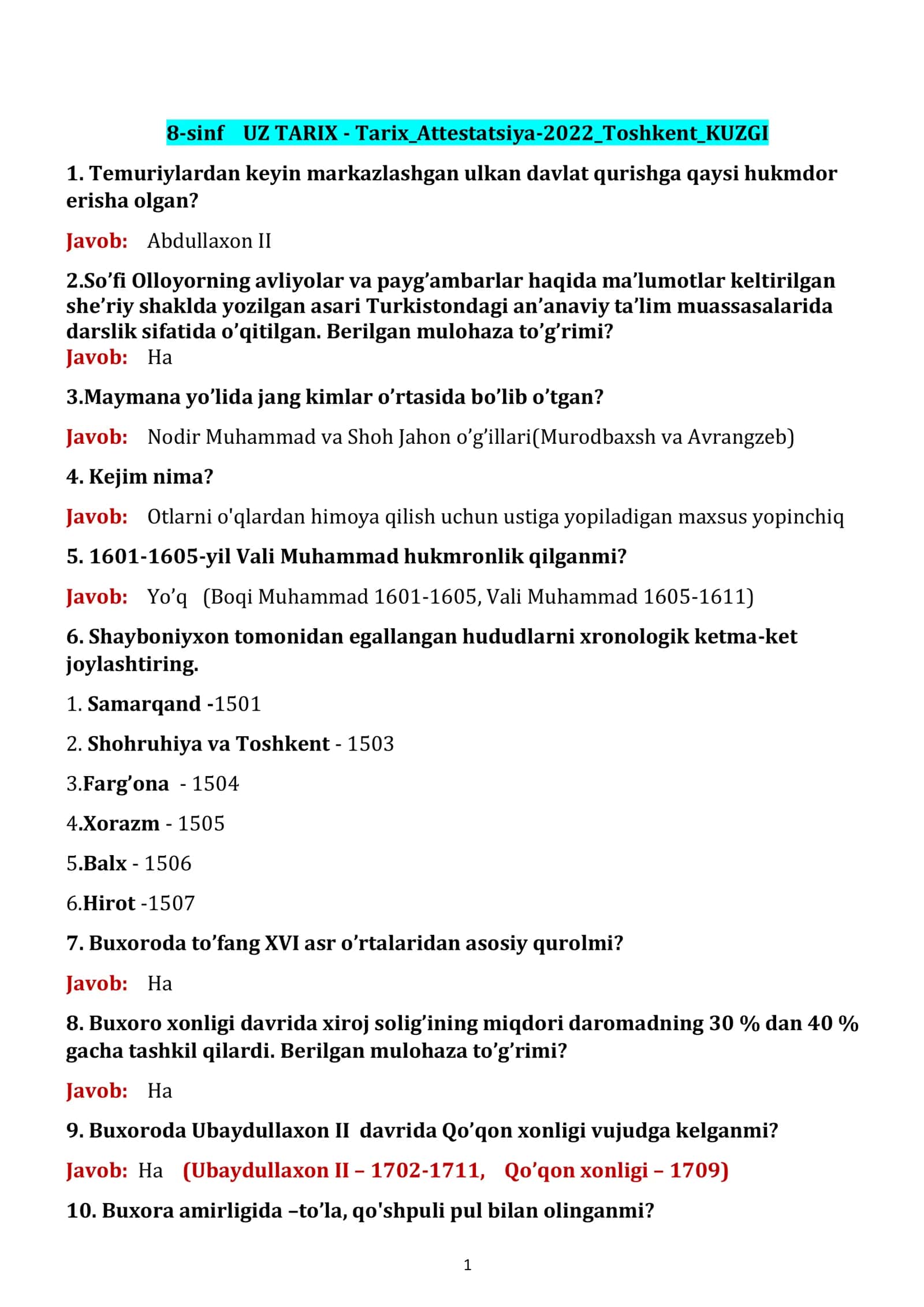 8-sinf UZ TARIX - Tarix_Attestatsiya-2022_Toshkent_KUZGI