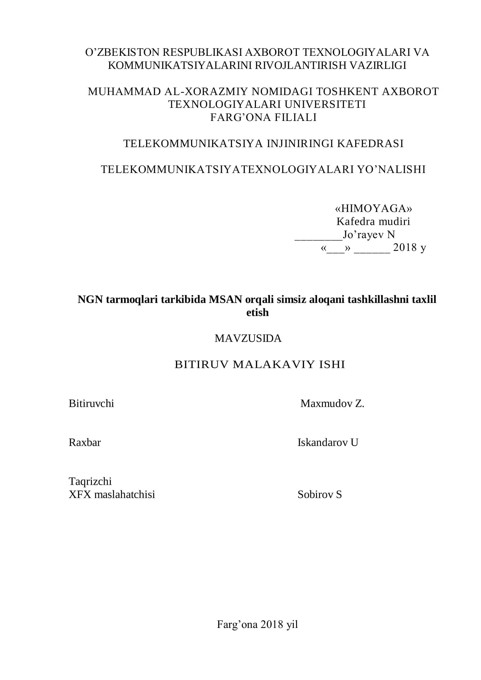 NGN tarmoqlari tarkibida MSAN orqali simsiz aloqani tashkillashni taxlil etish