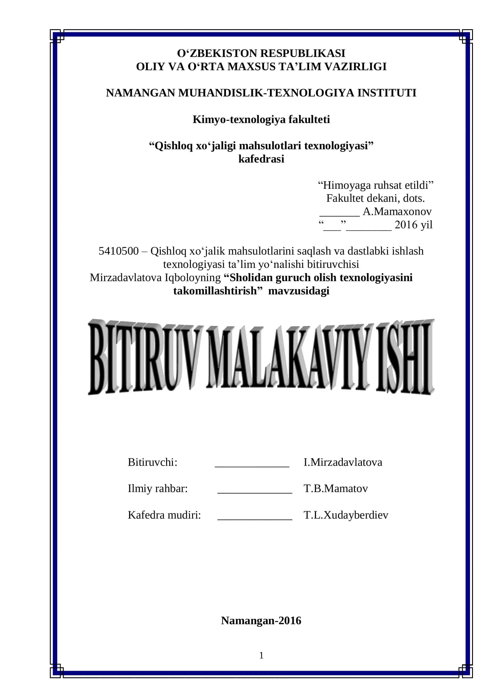 Qishloq xo‗jalik mahsulotlarini saqlash va dastlabki ishlash texnologiyasi ta‘lim yo‗nalishi bitiruvchisi