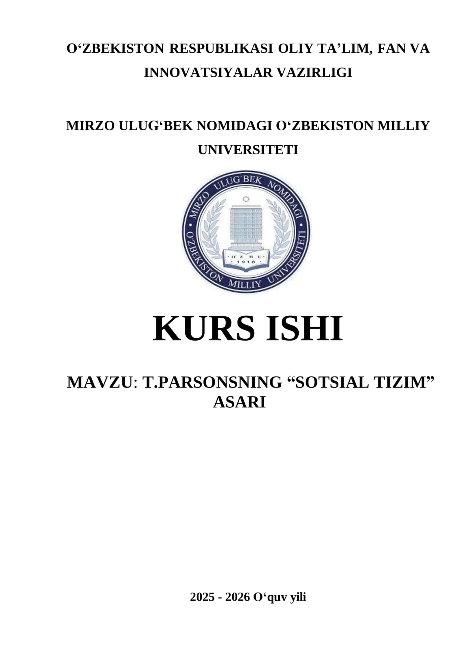 T.PARSONSNING “SOTSIAL TIZIM” ASARI