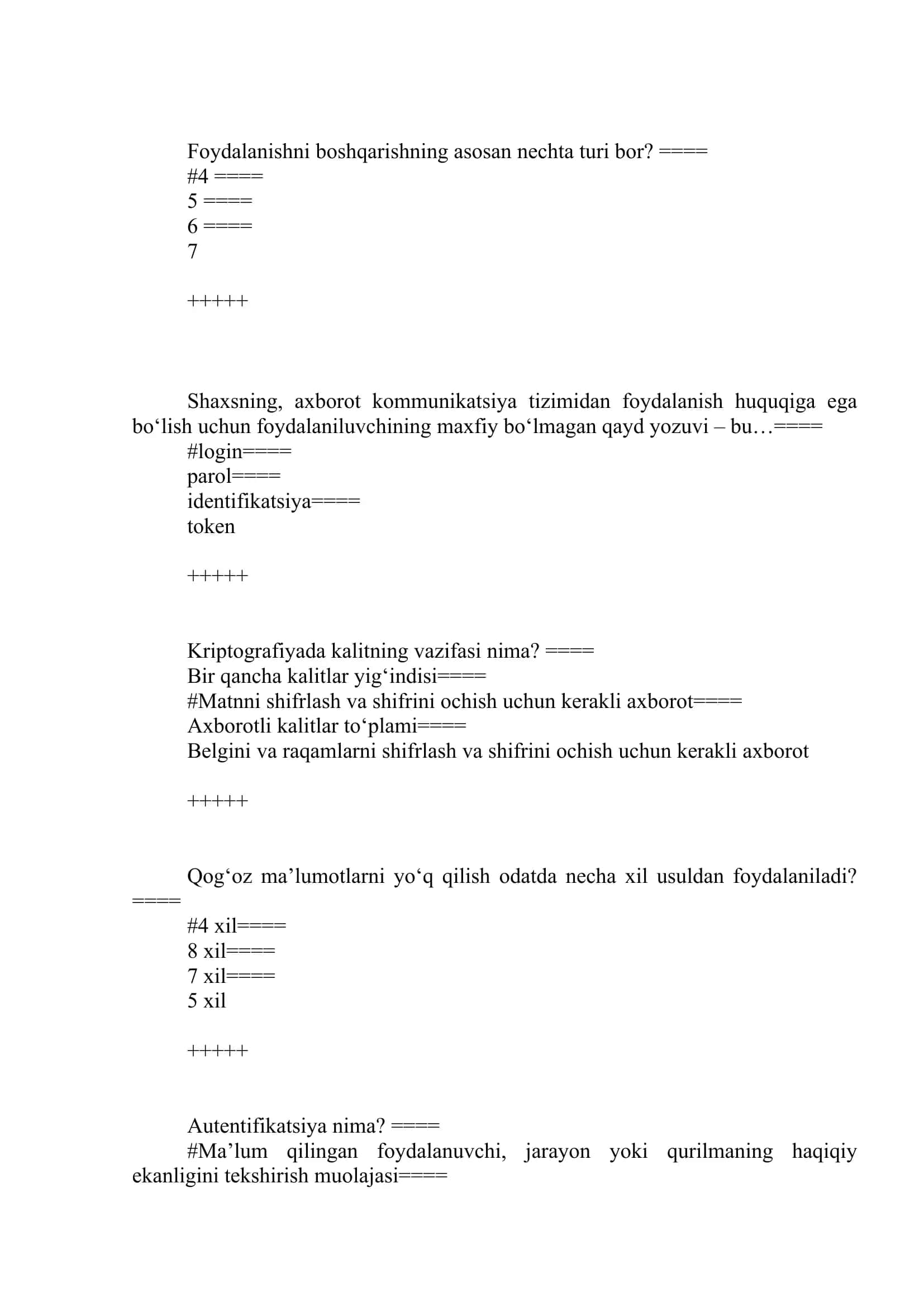 KIBERXAVFSIZDAN TEST JAVOBLARI
