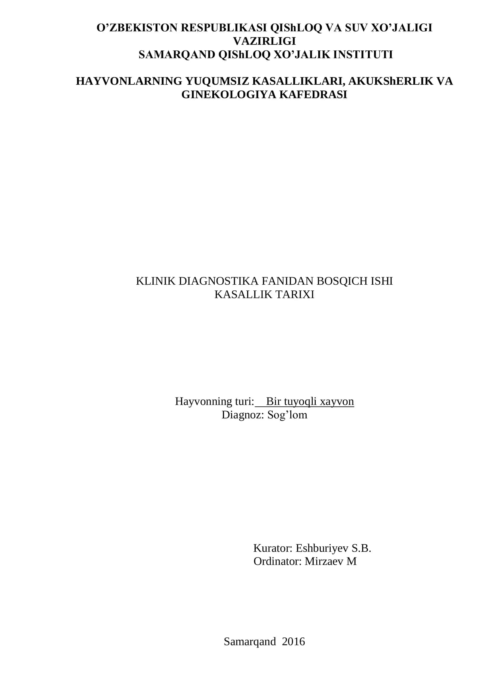KLINIK DIAGNOSTIKA FANIDAN BOSQICH ISHI