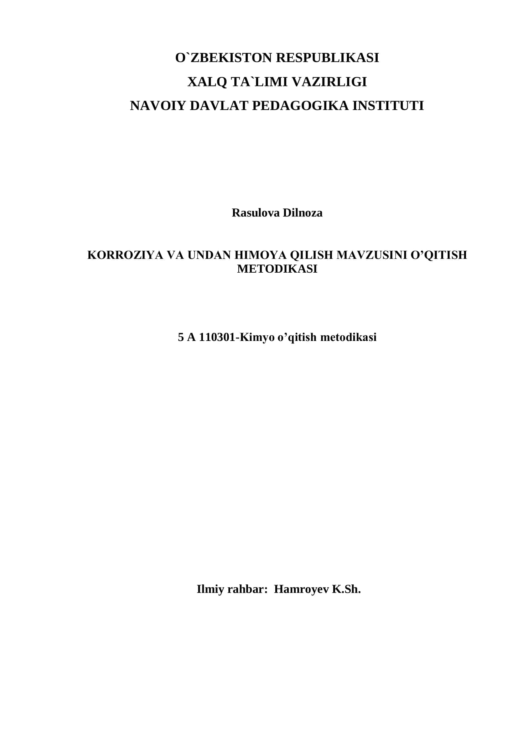 KORROZIYA VA UNDAN HIMOYA QILISH MAVZUSINI O’QITISH METODIKASI