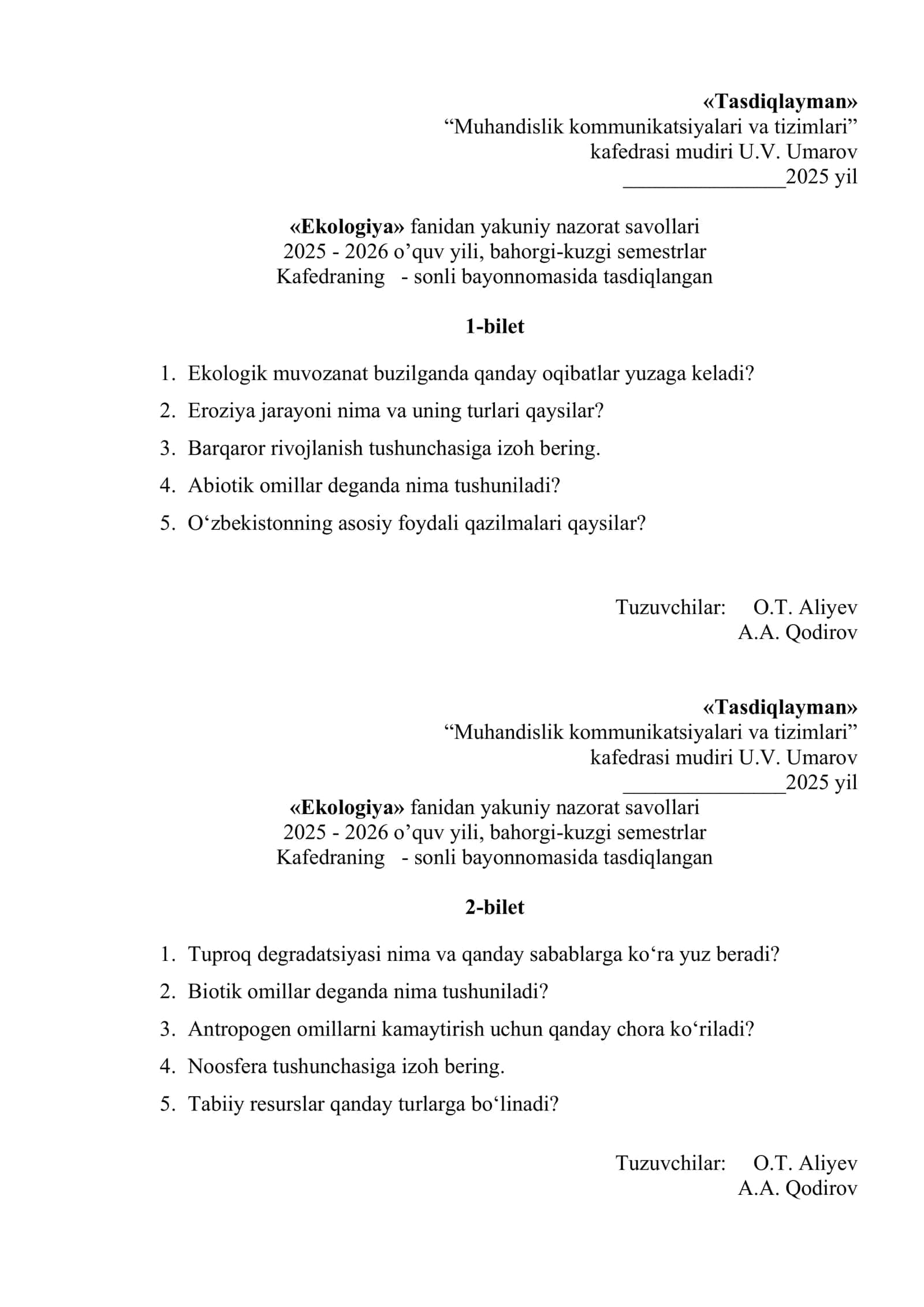 «Ekologiya» fanidan yakuniy nazorat savollari