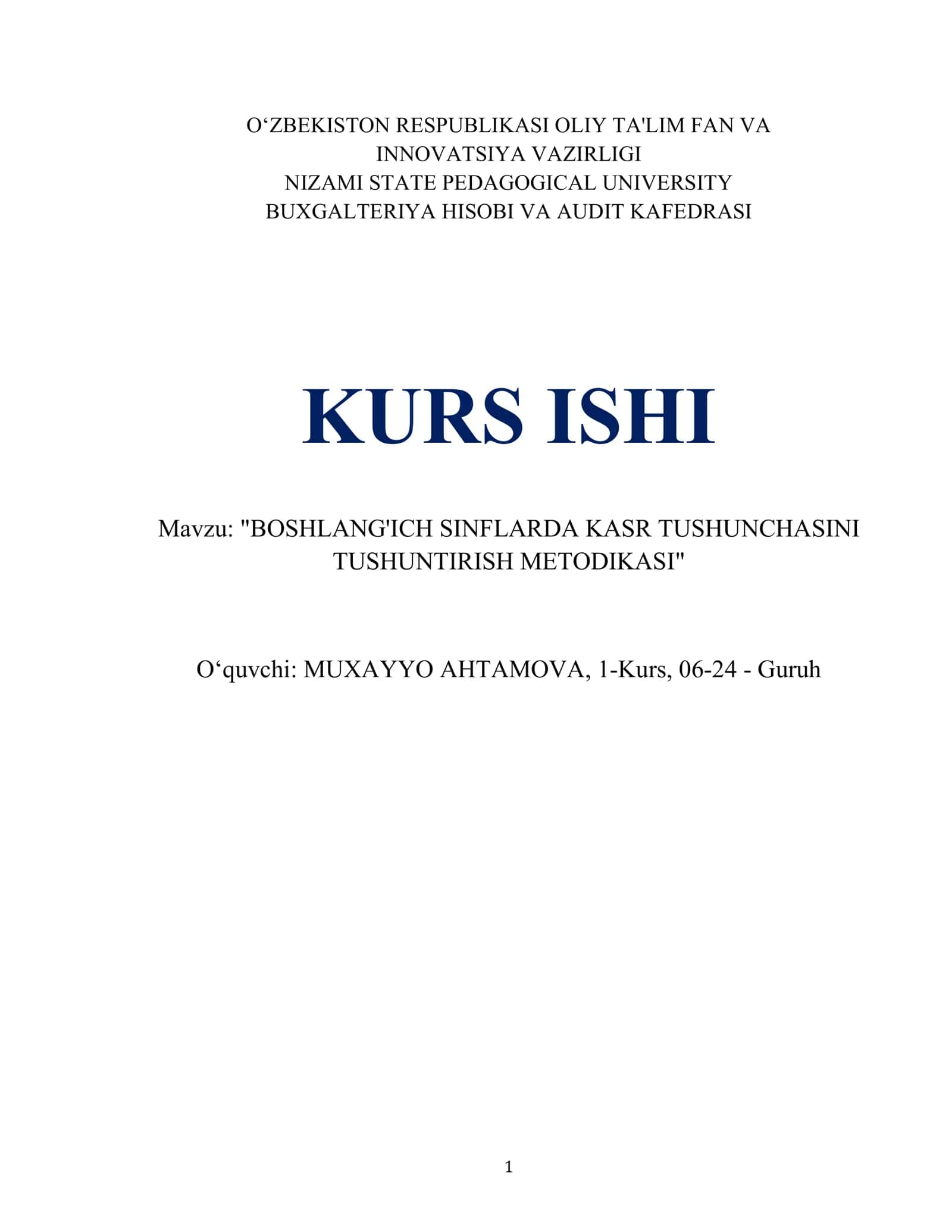 BOSHLANG'ICH SINFLARDA KASR TUSHUNCHASINI TUSHUNTIRISH METODIKASI