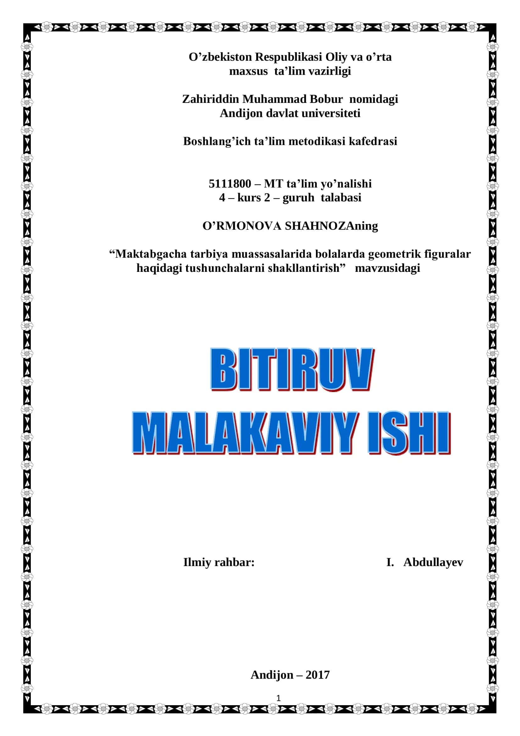 Maktabgacha tarbiya muassasalarida bolalarda geometrik figuralar haqidagi tushunchalarni shakllantirish