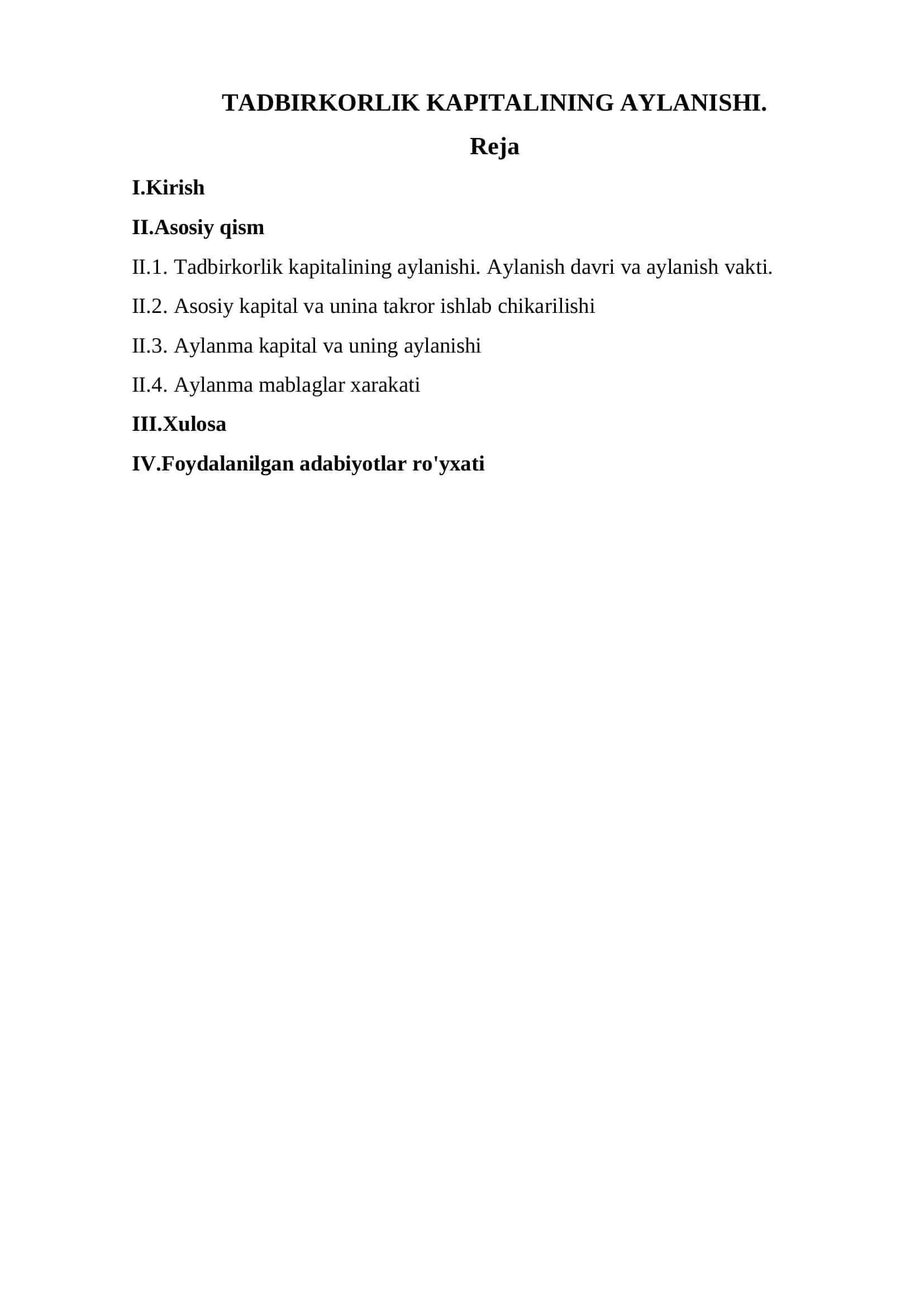 TADBIRKORLIK KAPITALINING AYLANISHI