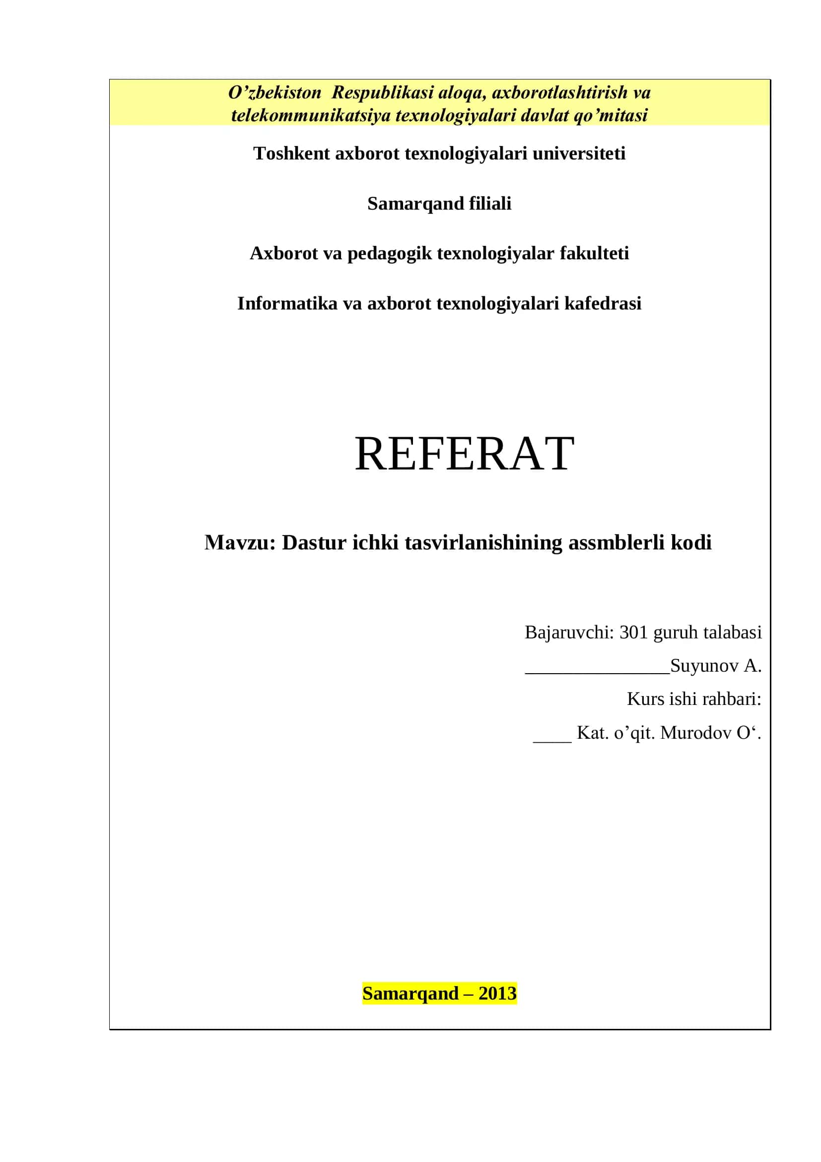 Dastur ichki tasvirlanishining assmblerli kodi