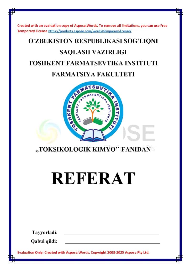 10. Tetraetilqo'rg'oshin. Toksikologik ahamiyati, ashyoviy dalillardan ajratib olish va tahlil usullari. Referat 9 bet.