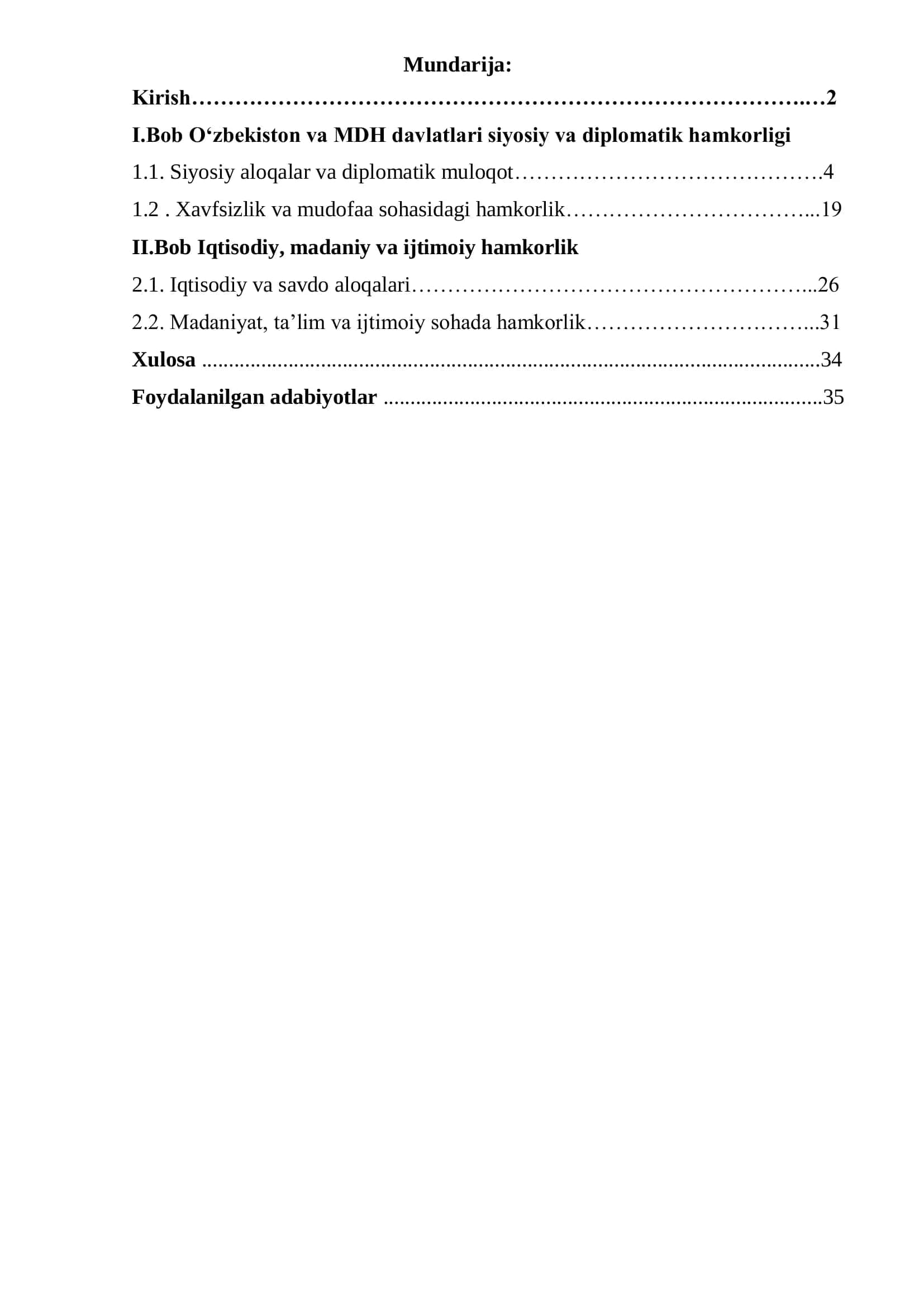 Mustaqil Davlatlar Hamdo'xtligi (MDH) bilan Hamkorlik