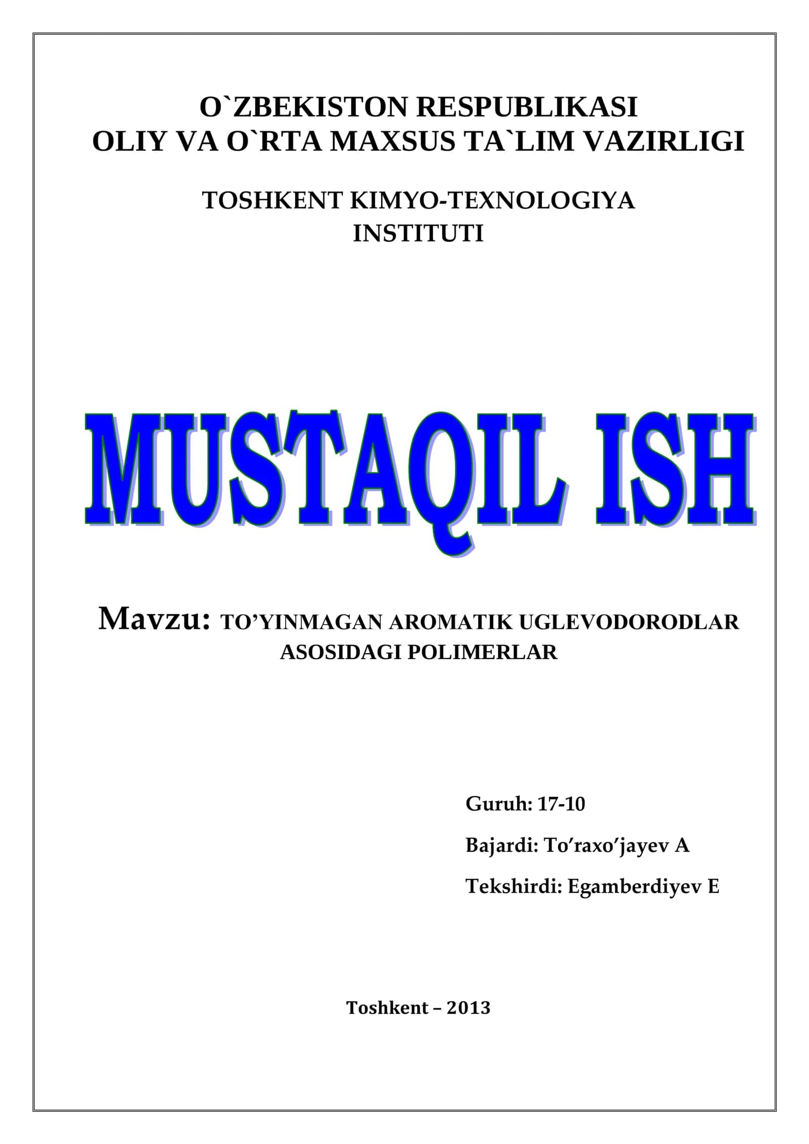 TO’YINMAGAN AROMATIK UGLEVODORODLAR ASOSIDAGI POLIMERLAR